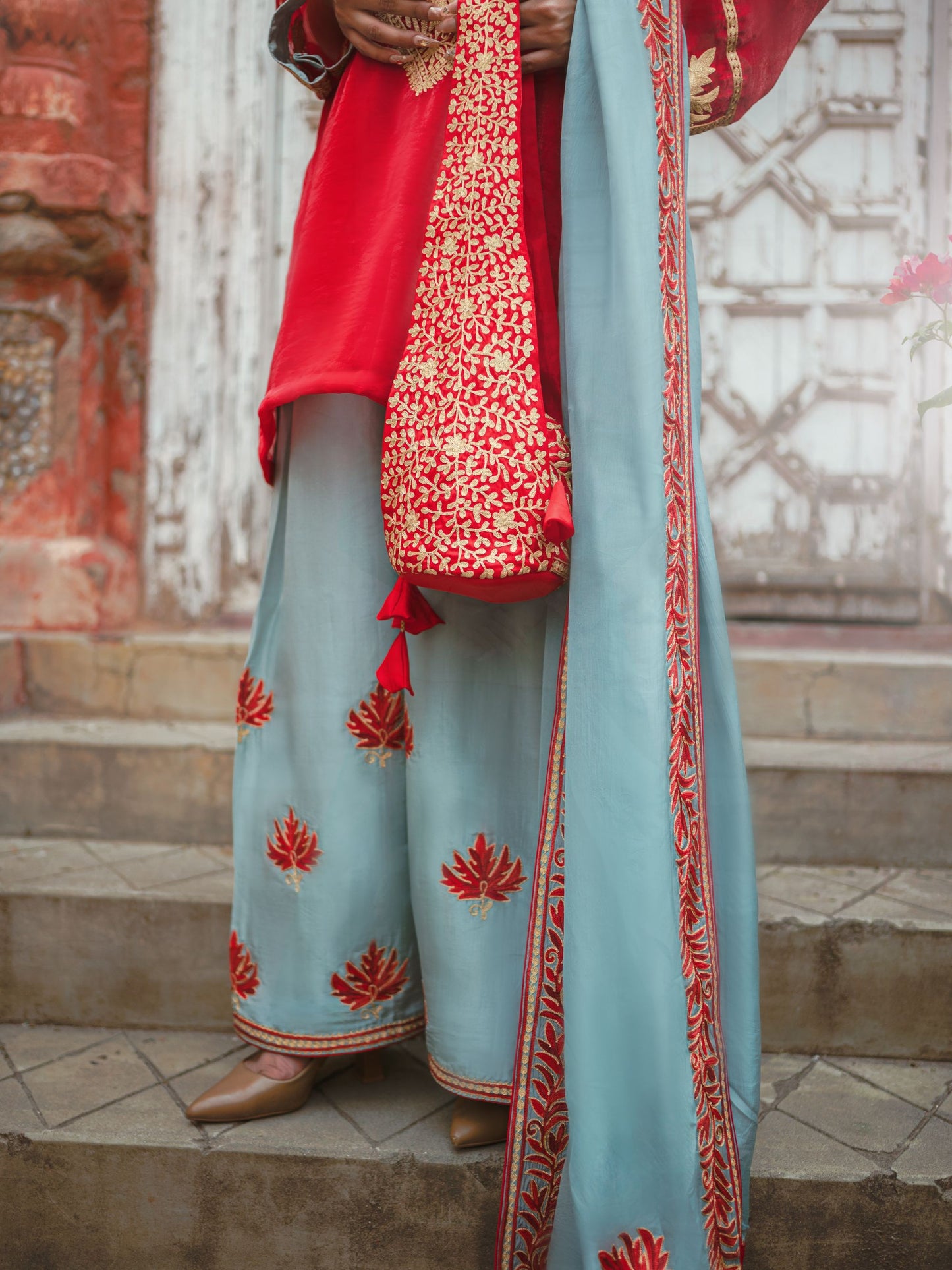 Ghazal Red & Sky Blue Suit Set