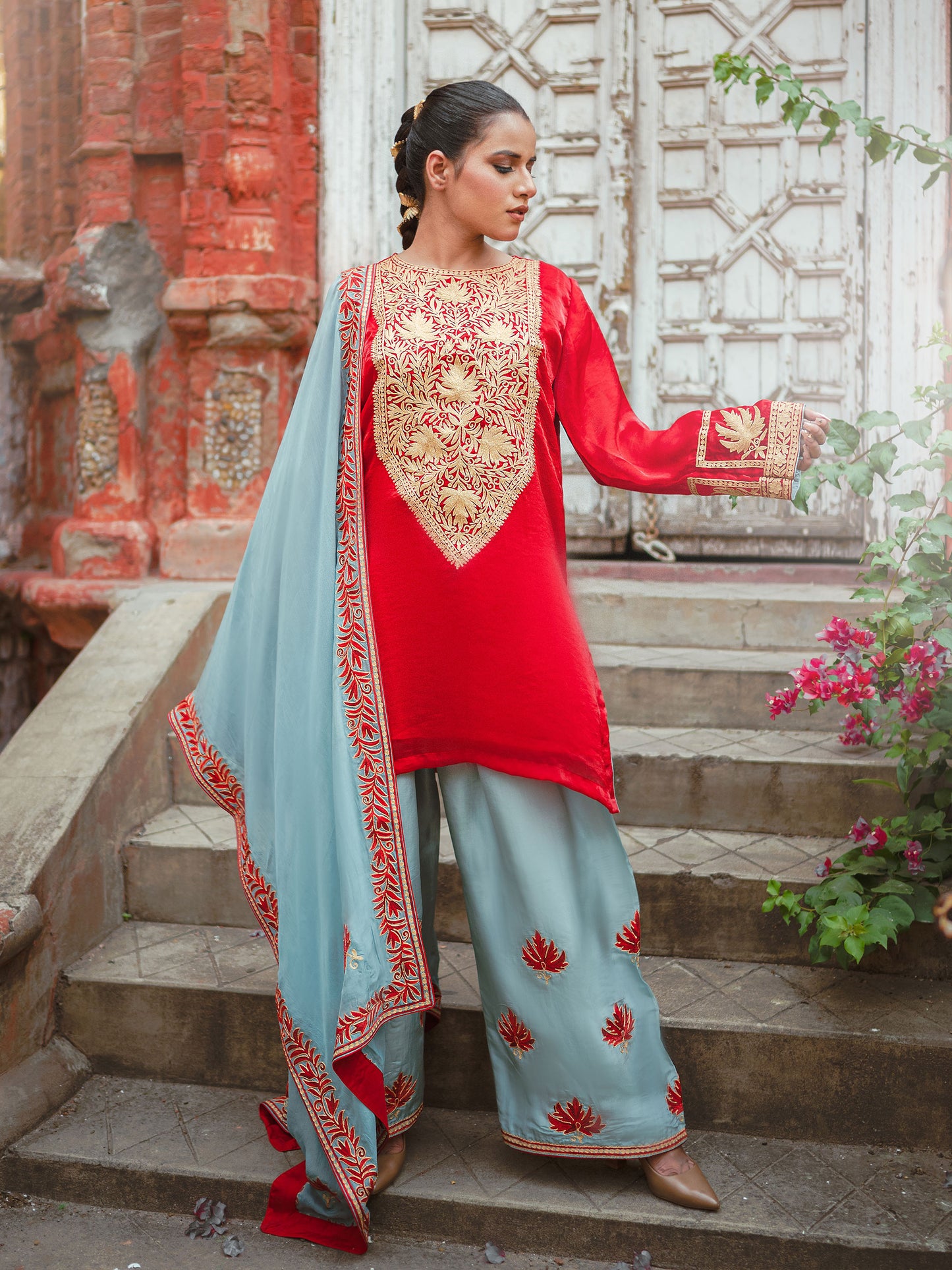 Ghazal Red & Sky Blue Suit Set