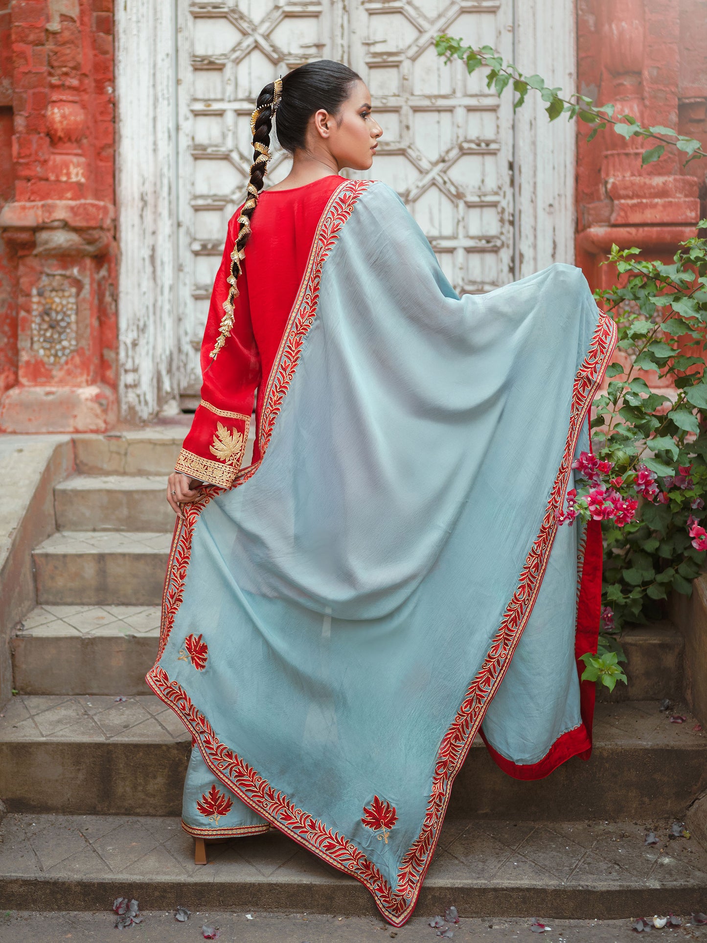 Ghazal Red & Sky Blue Suit Set
