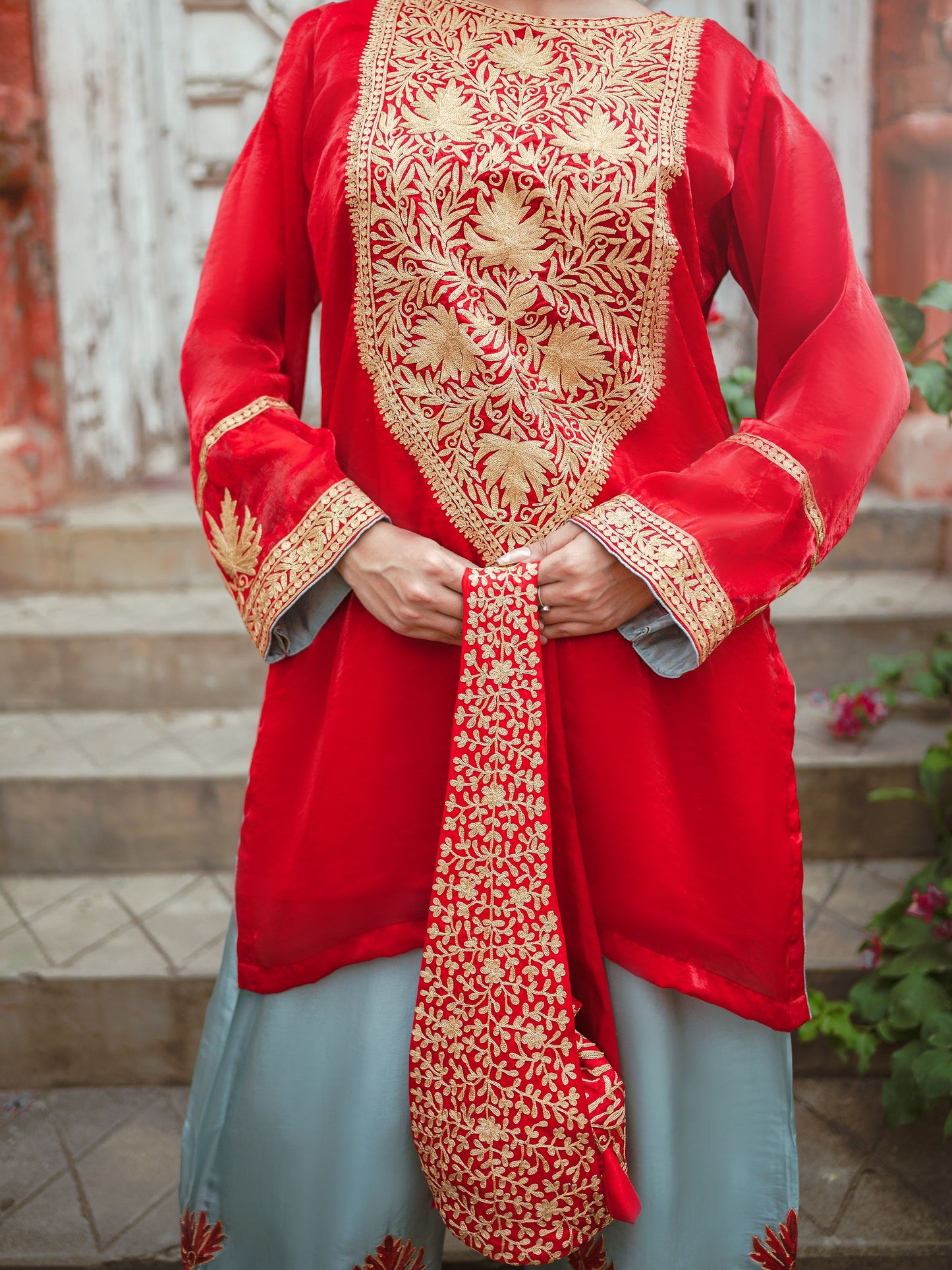 Ghazal Red & Sky Blue Suit Set
