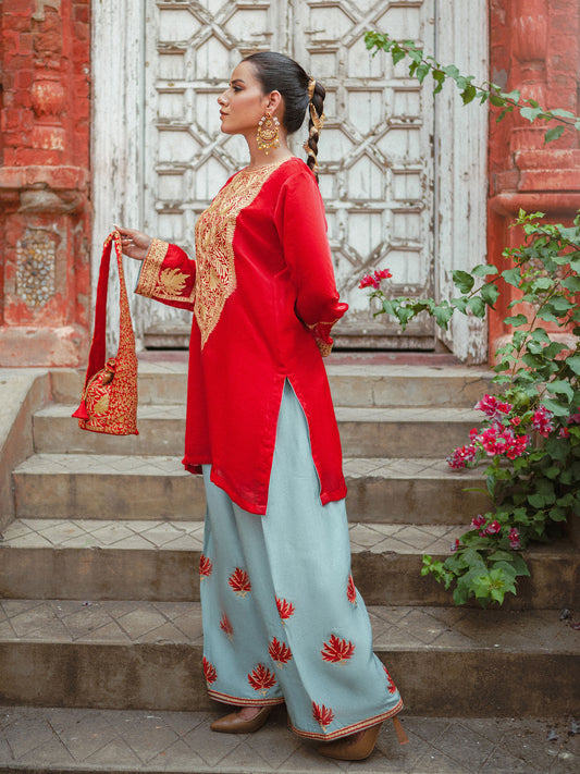Ghazal Red & Sky Blue Suit Set