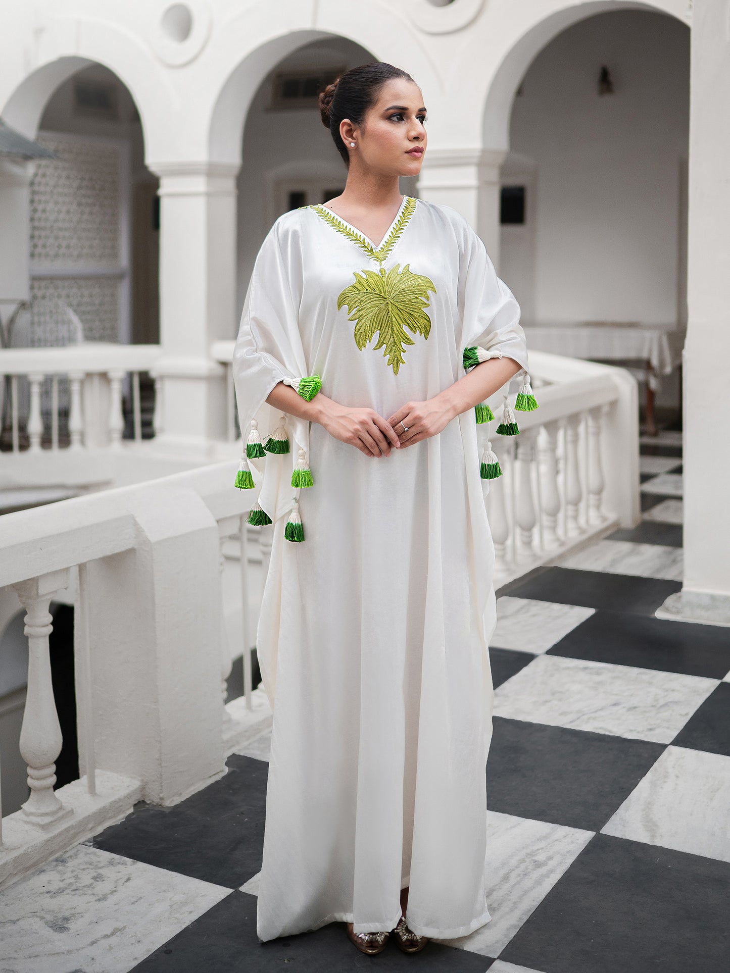 Nargis Off-White & Neon Satin Kaftan