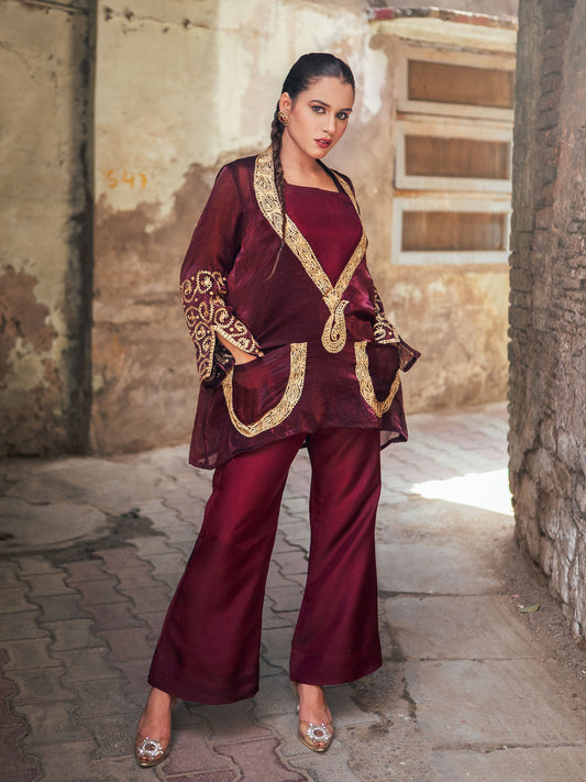 Ghazal Maroon Jacket Style Co-ord Set
