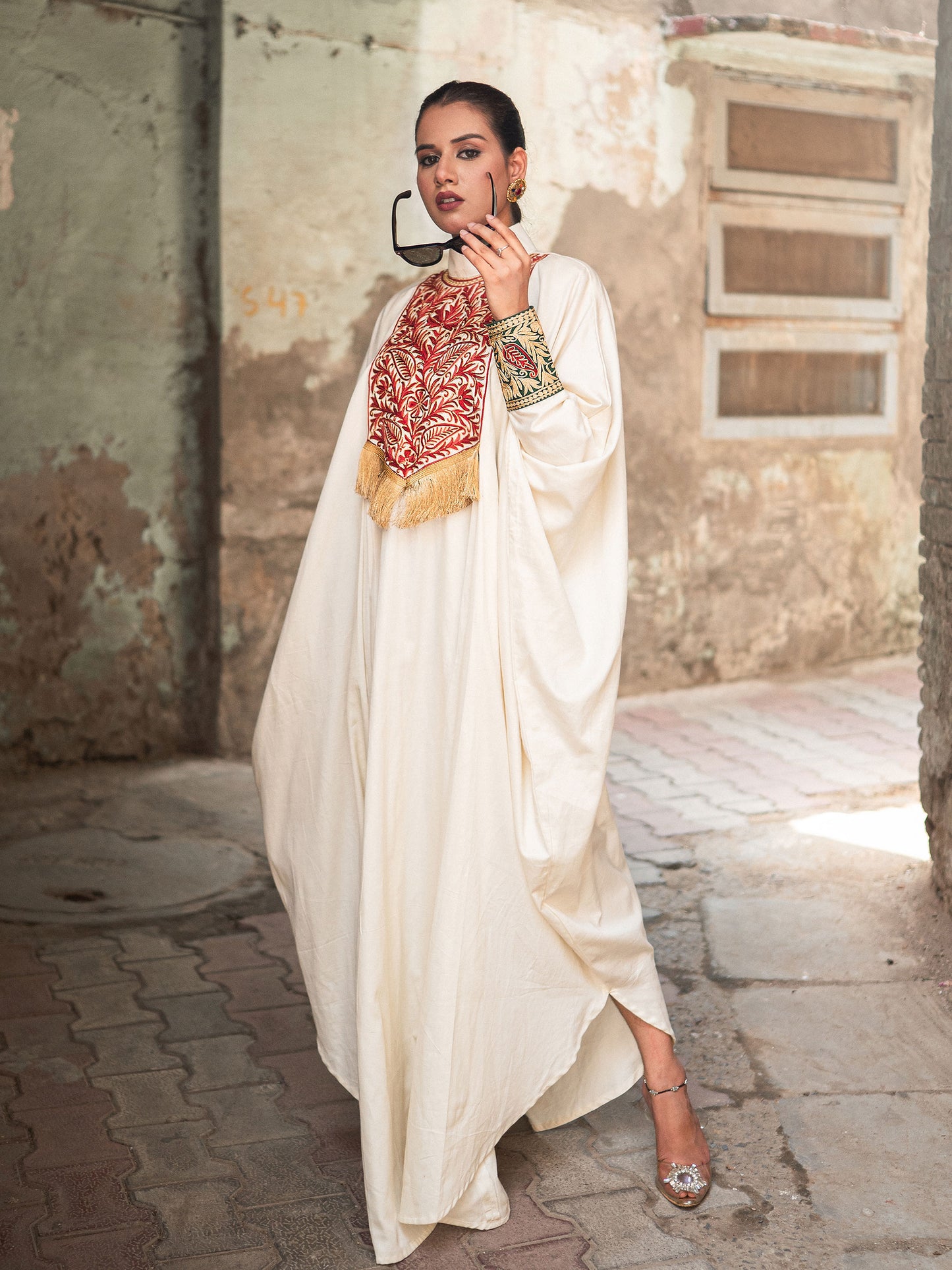 Ghazal White & Red Patch Kaftan