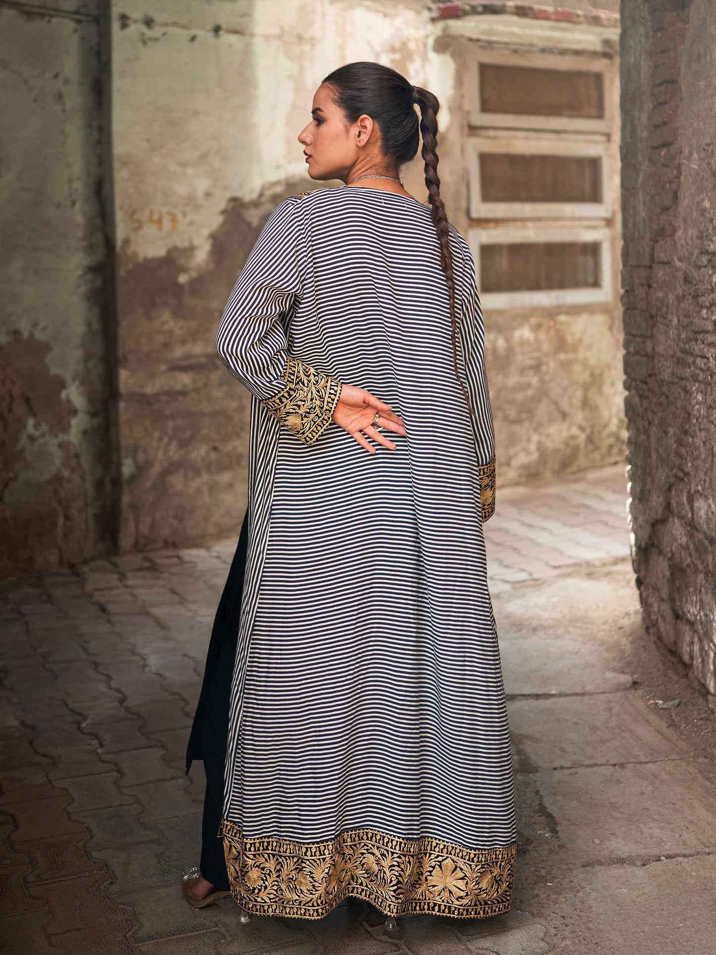 Ghazal Black Striped Cape Set