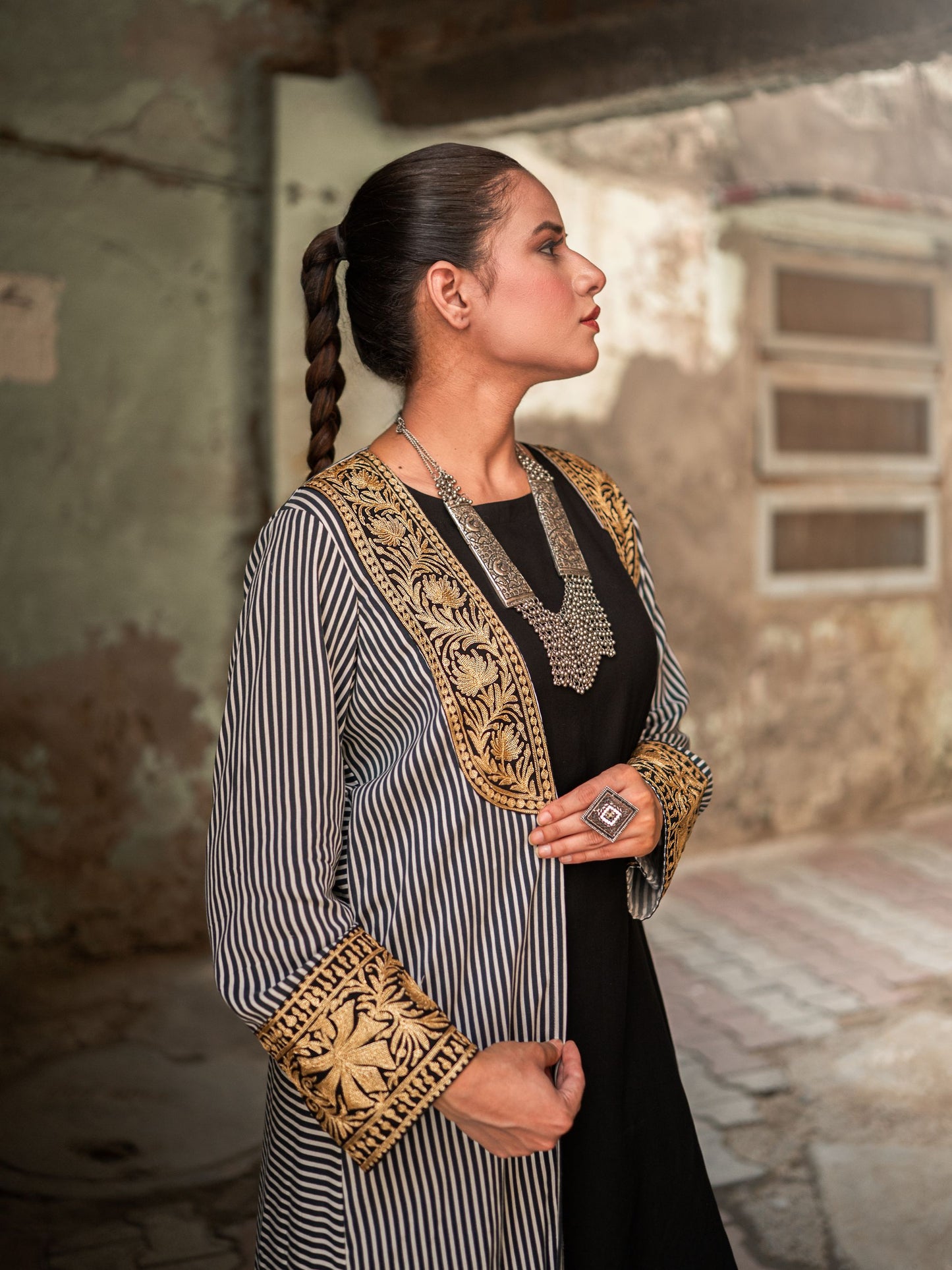 Ghazal Black Striped Cape Set