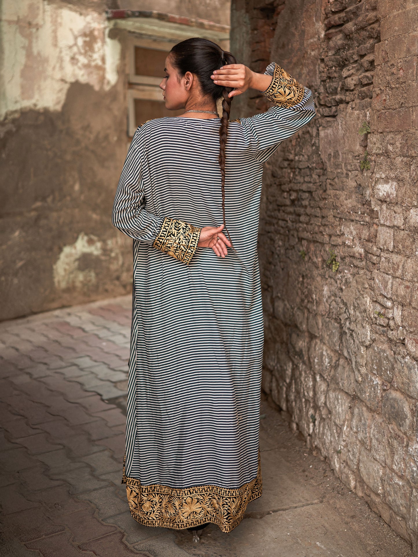 Ghazal Black Striped Cape Set