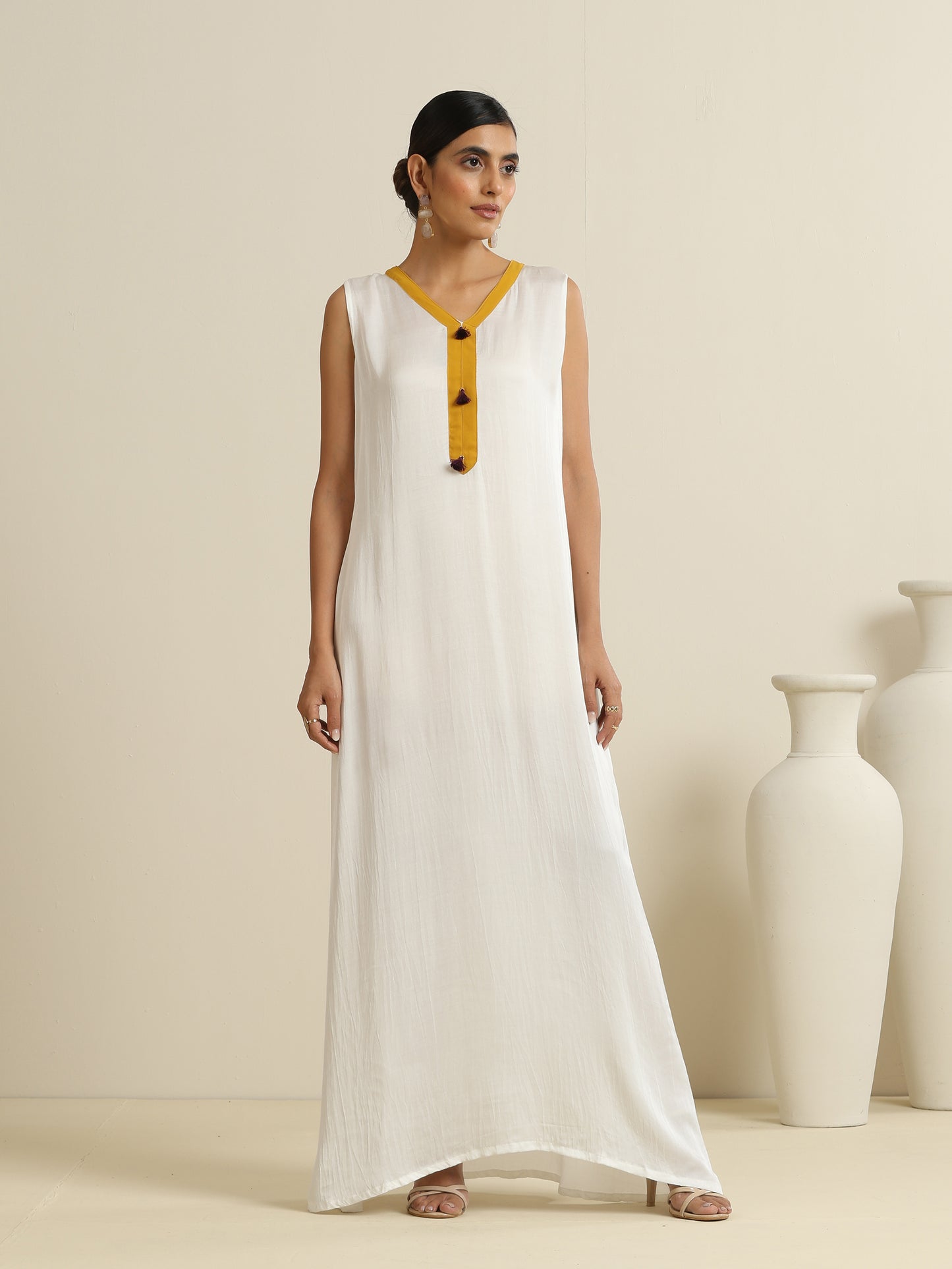 Nargis White Dress with Mustard Bisht