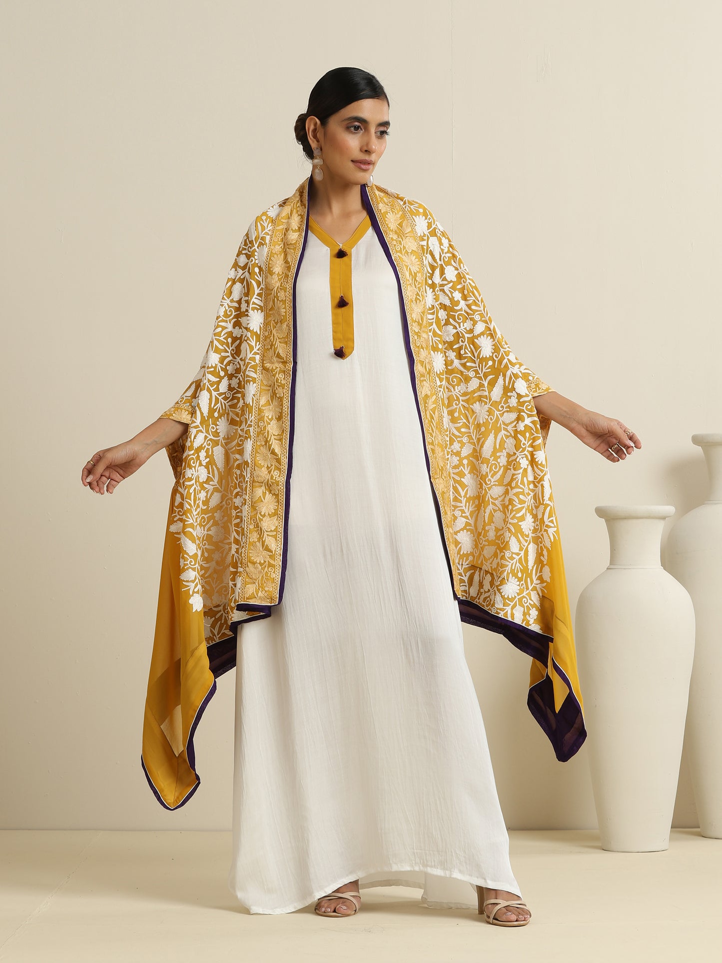 Nargis White Dress with Mustard Bisht