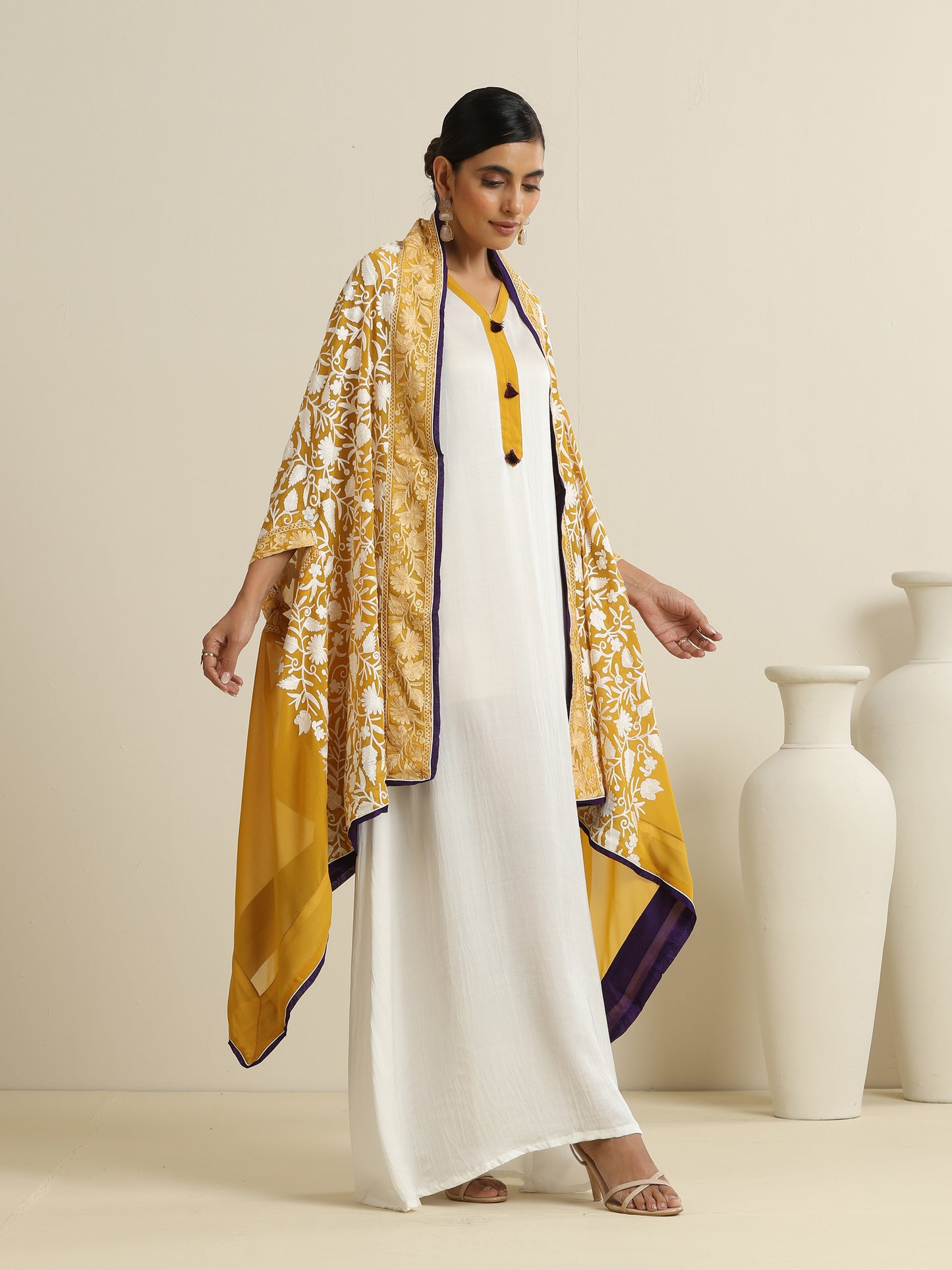 Nargis White Dress with Mustard Bisht