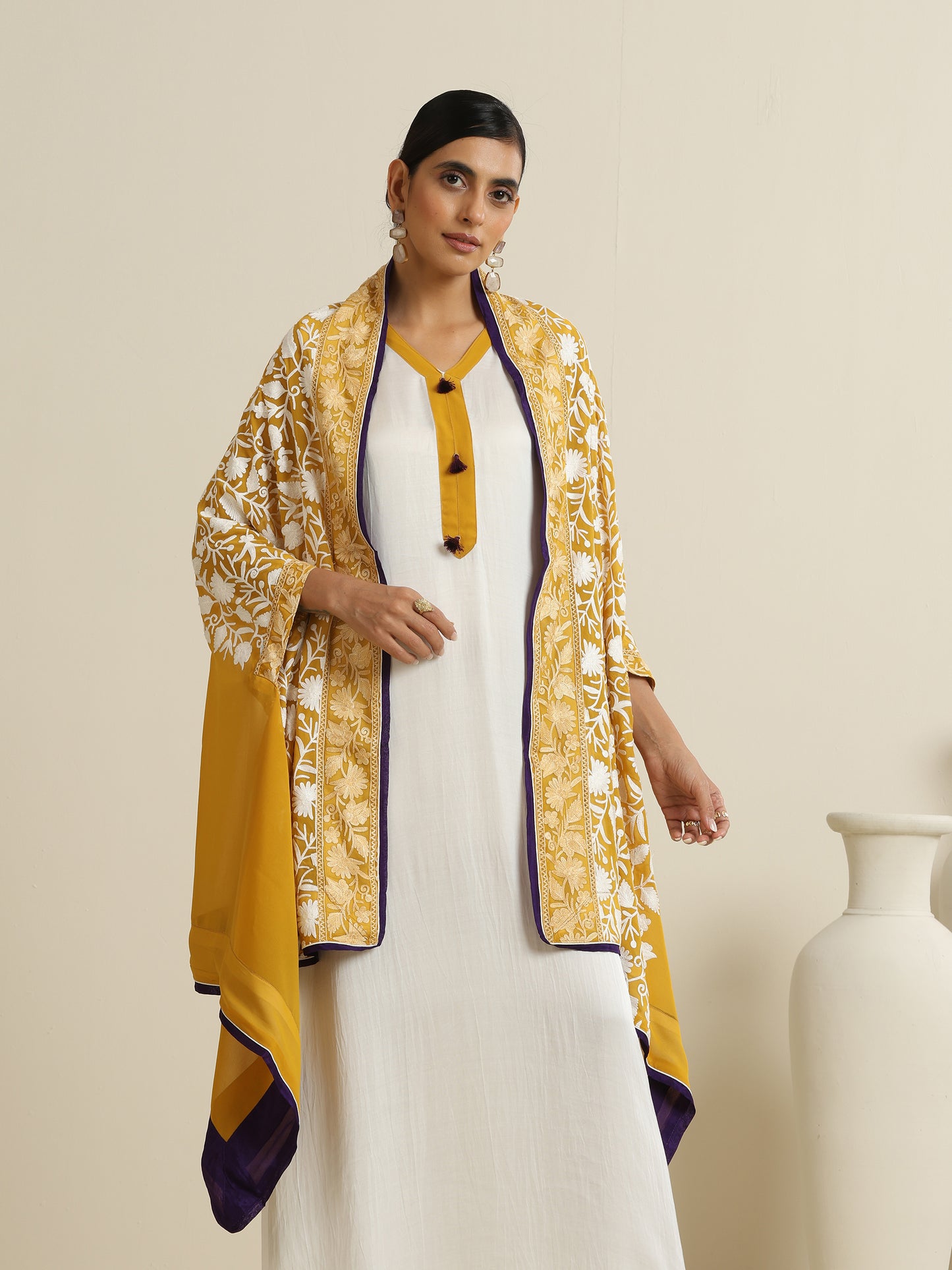 Nargis White Dress with Mustard Bisht