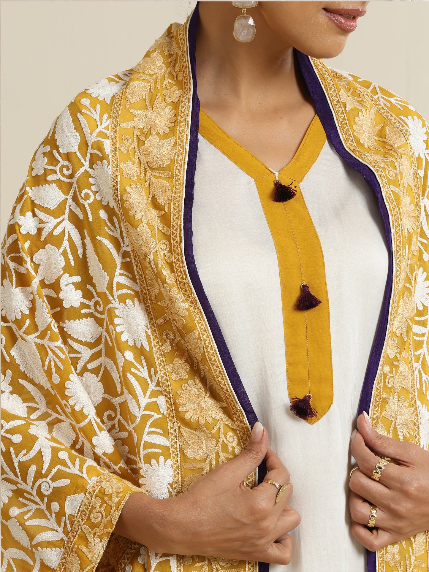 Nargis White Dress with Mustard Bisht