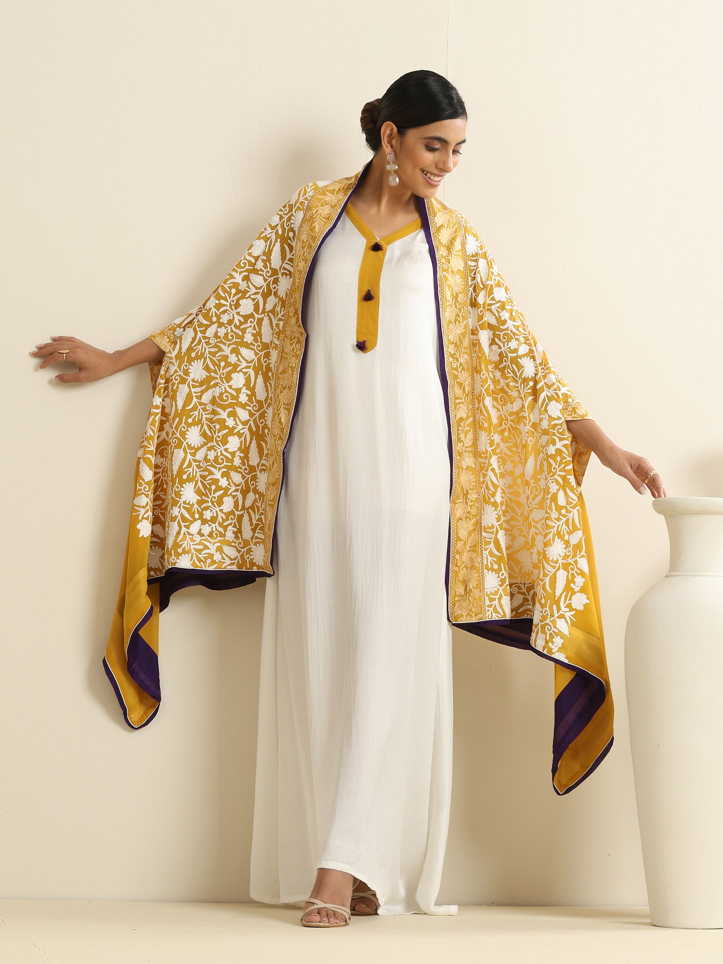 Nargis White Dress with Mustard Bisht