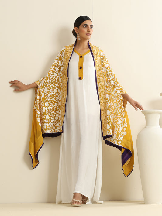 Nargis White Dress with Mustard Bisht