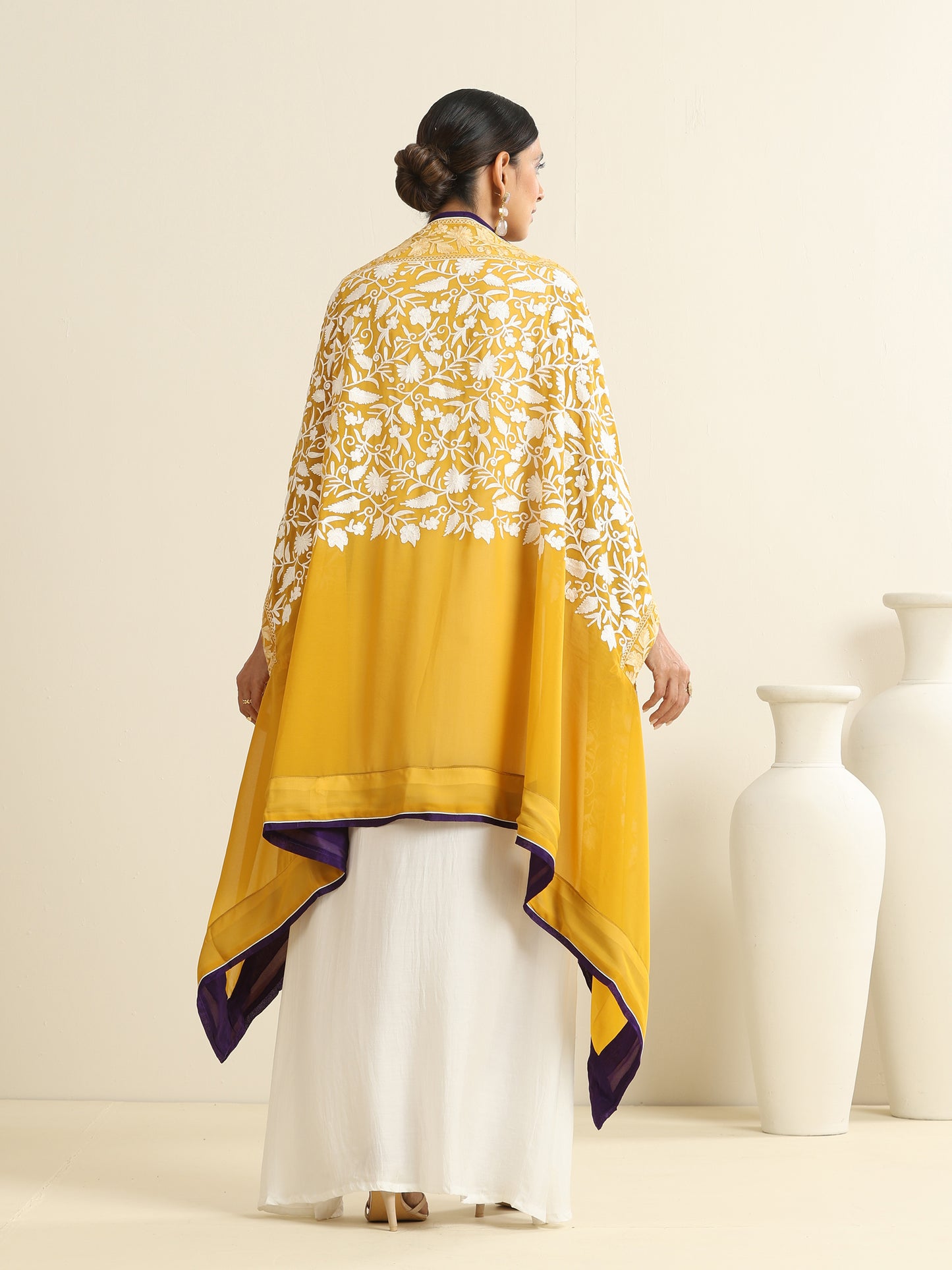Nargis White Dress with Mustard Bisht