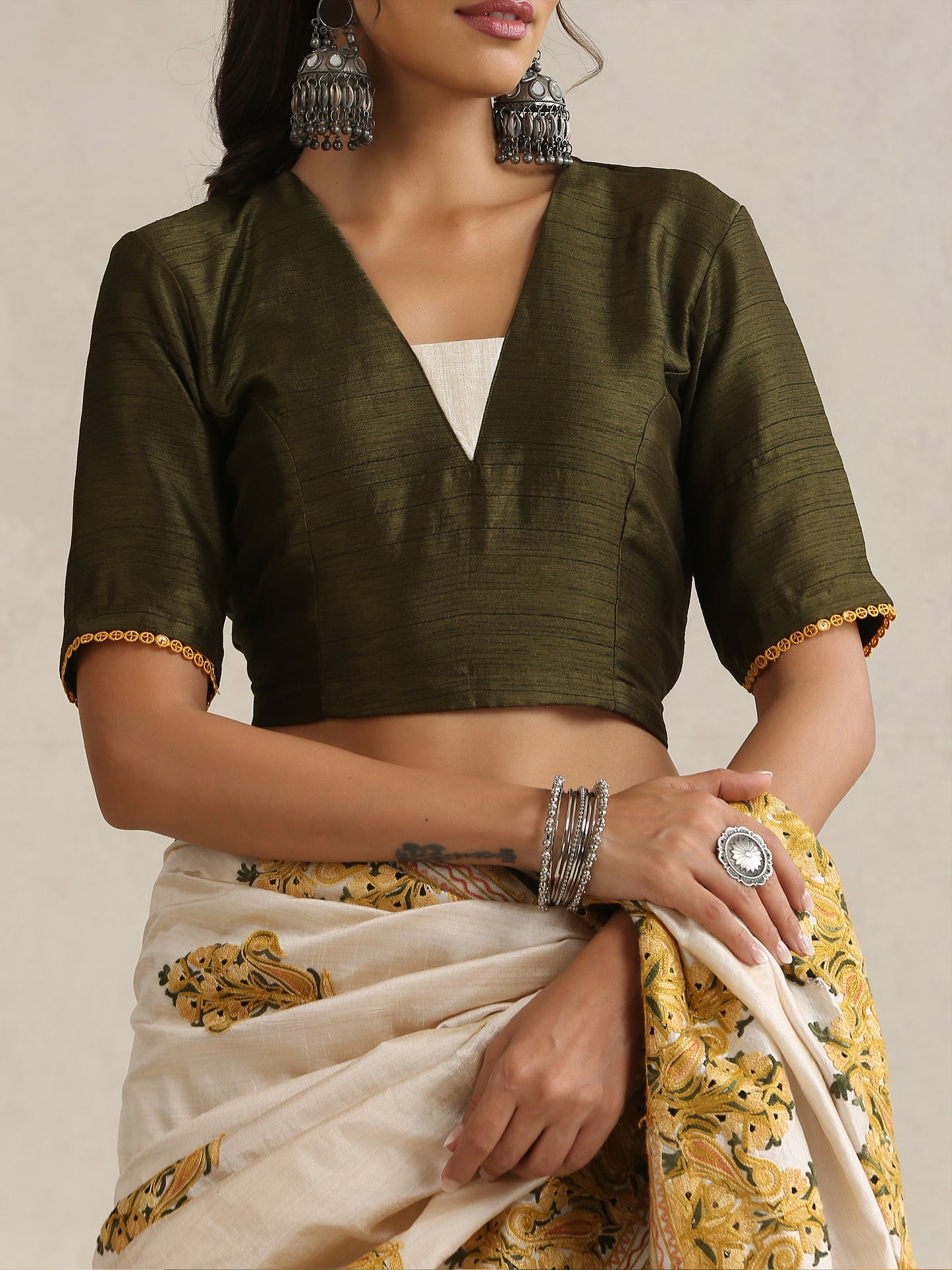 Nargis Green & Off-White Saree