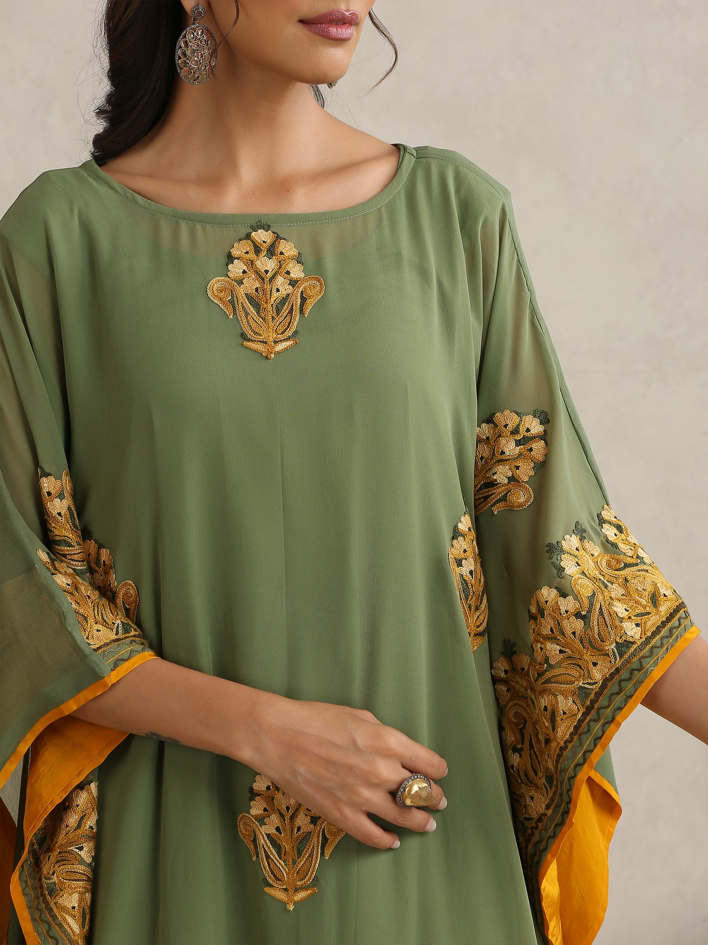 Nargis Mehndi Green Kaftan Set