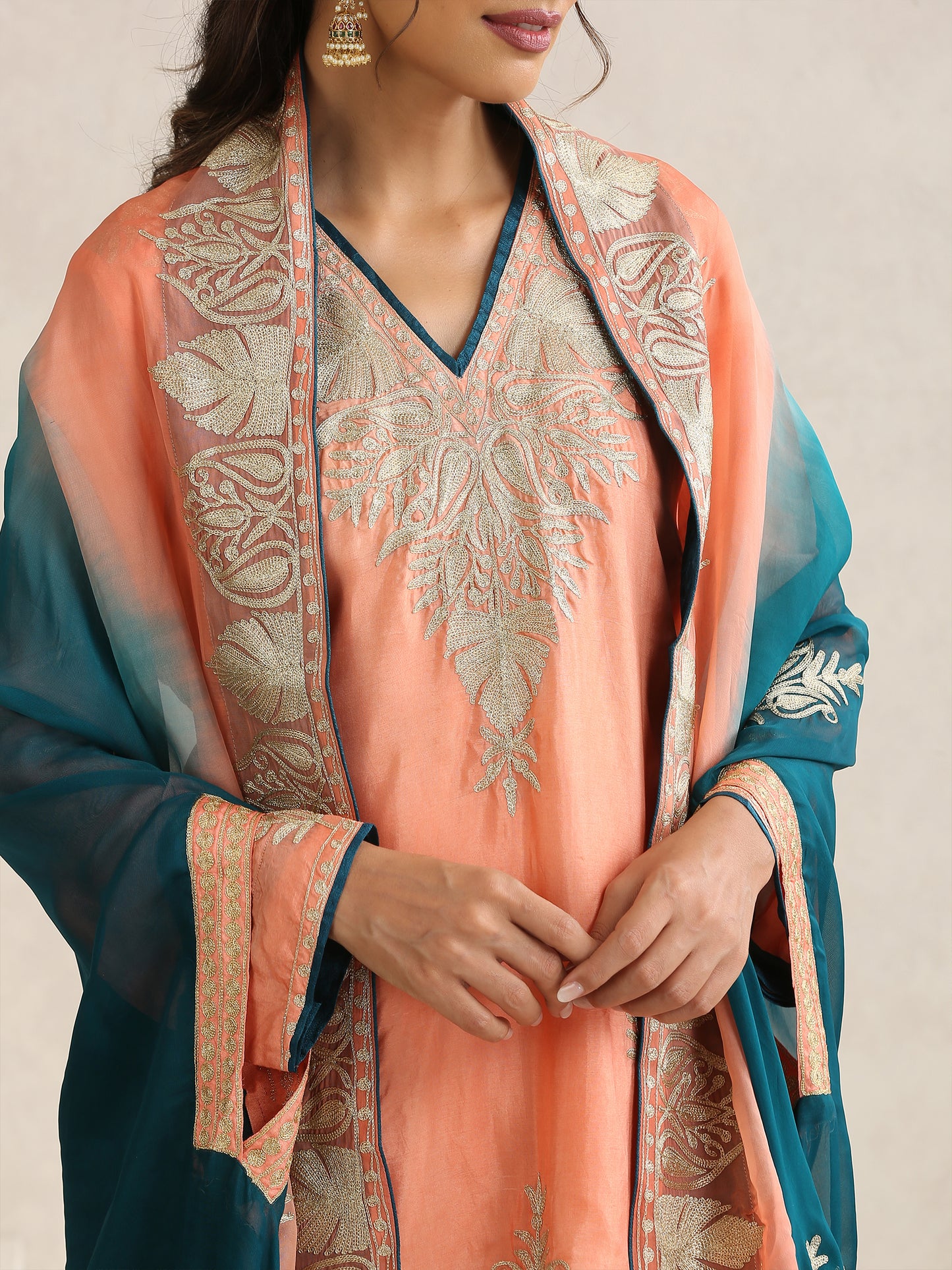 Nargis Peach & Teal Blue Suit Set