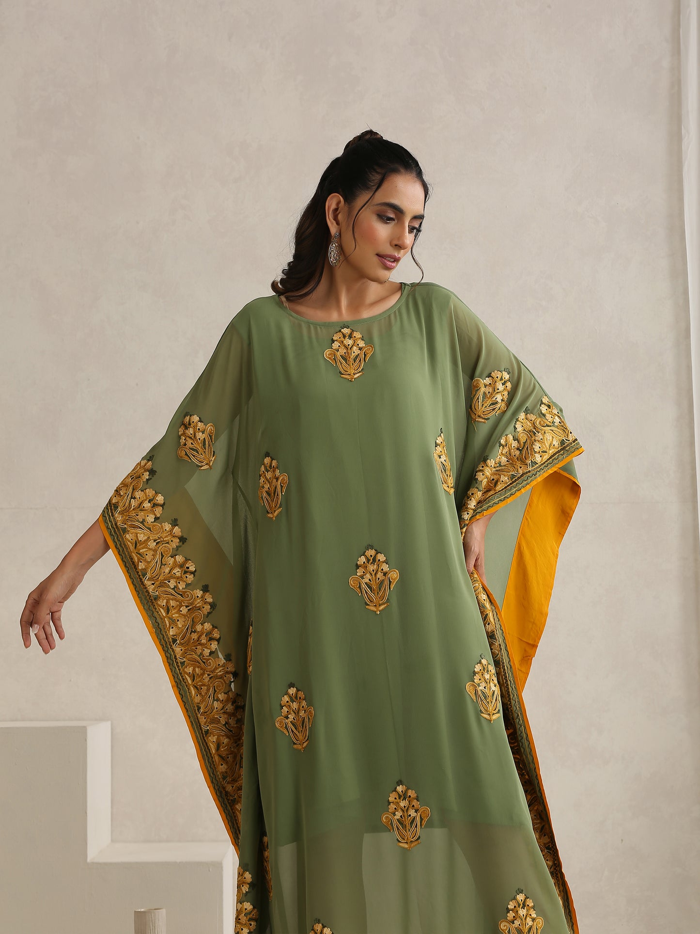 Nargis Mehndi Green Kaftan Set