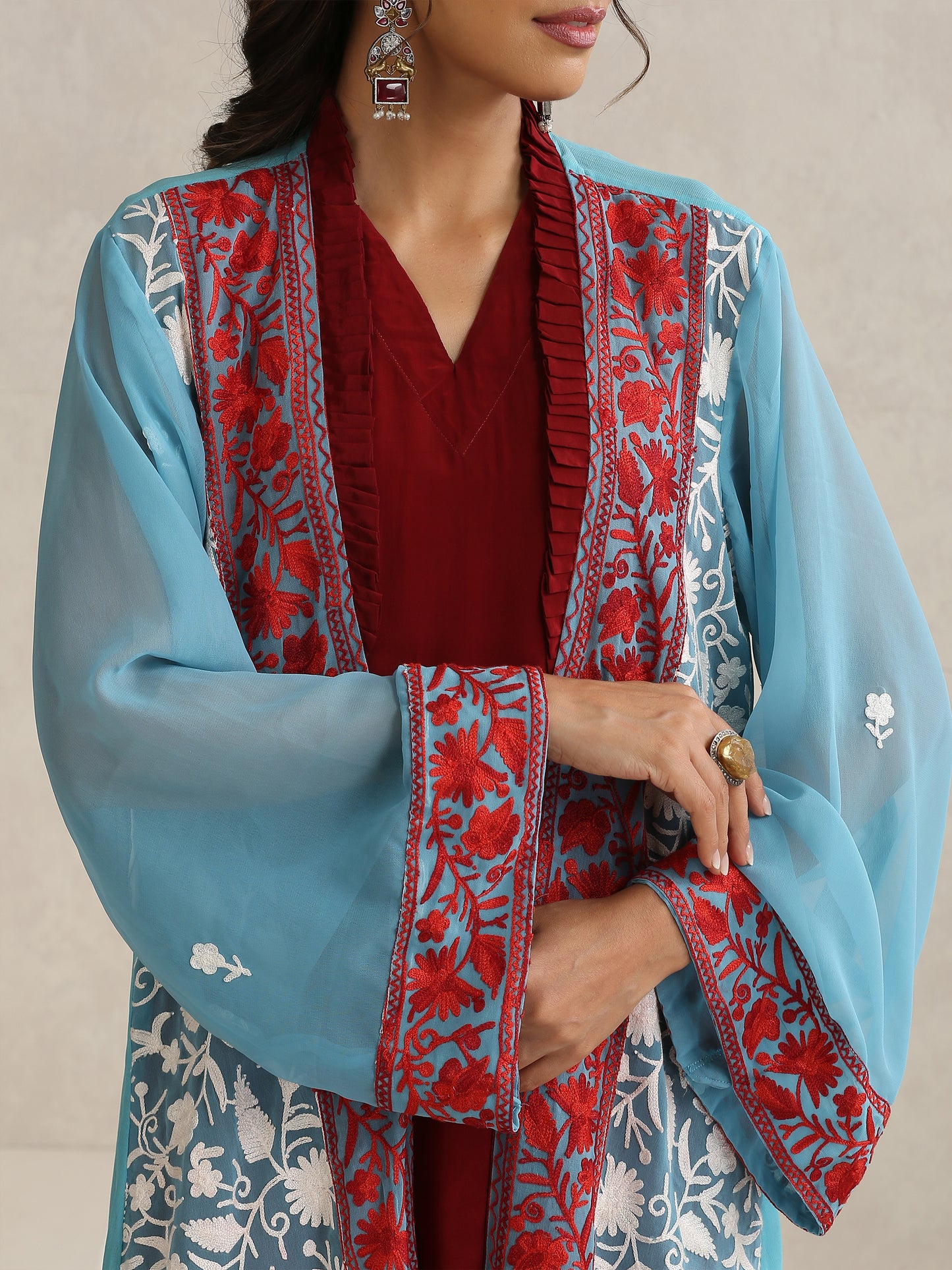 Nargis Kashmiri Embroidered Bisht with Crepe Inner Dress