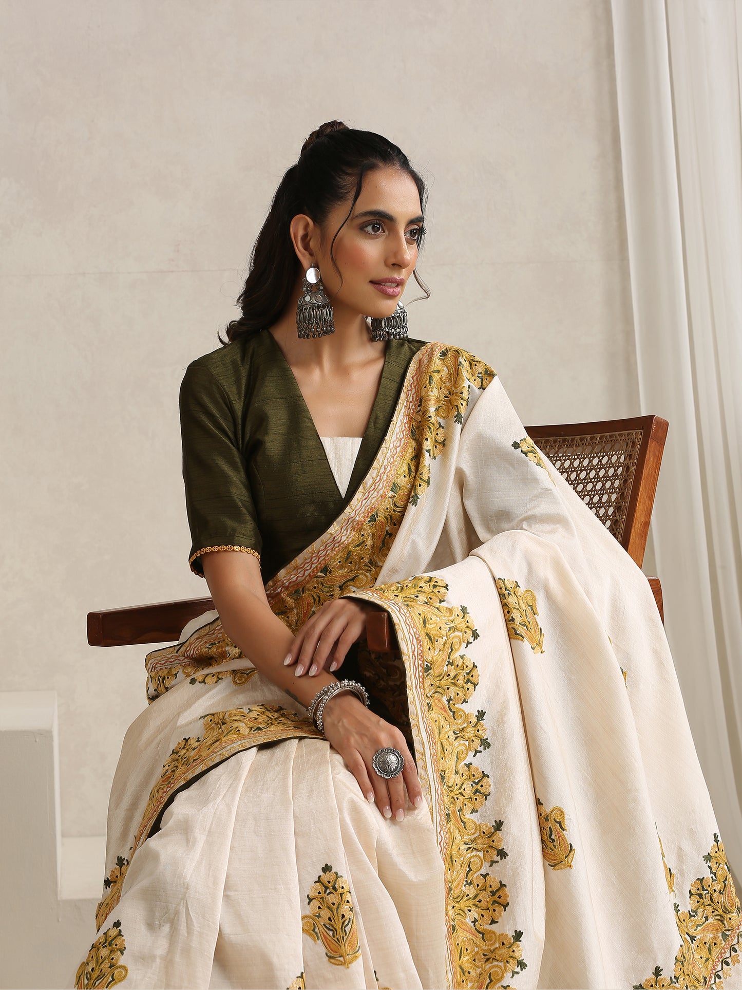 Nargis Green & Off-White Saree