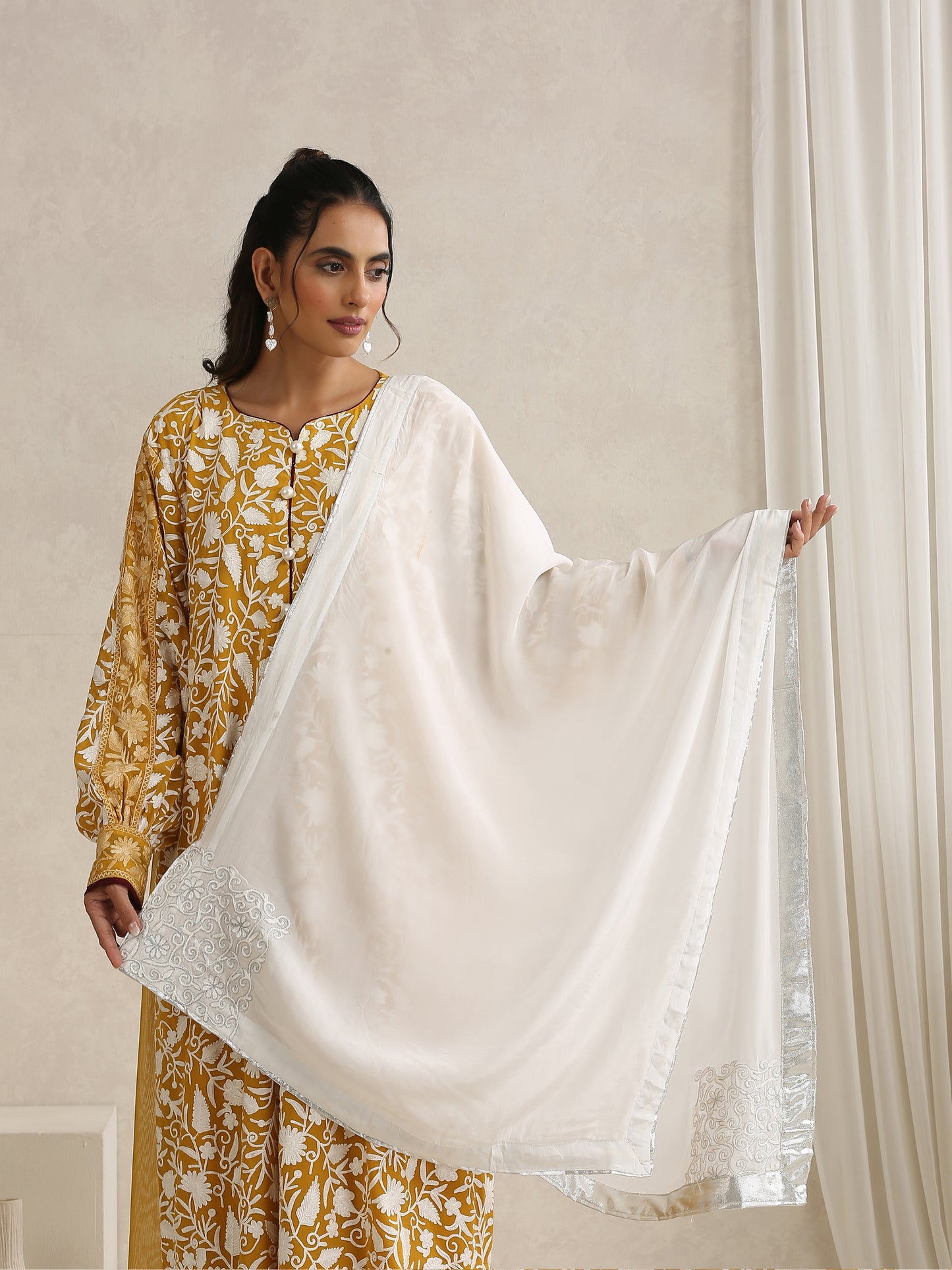 Nargis Mustard & White Abaya with Sheila