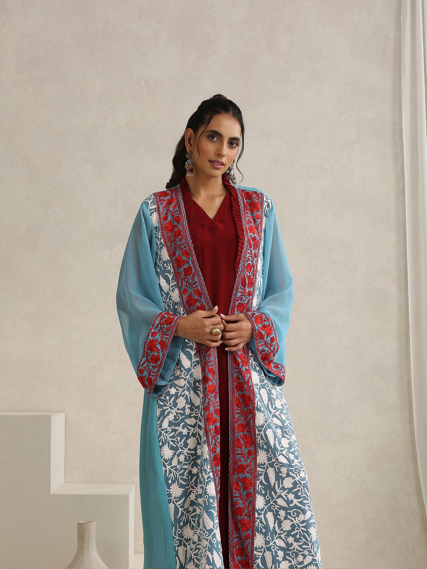 Nargis Kashmiri Embroidered Bisht with Crepe Inner Dress