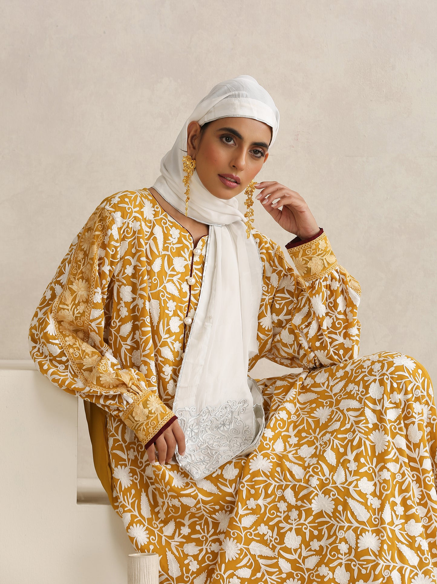 Nargis Mustard & White Abaya with Sheila