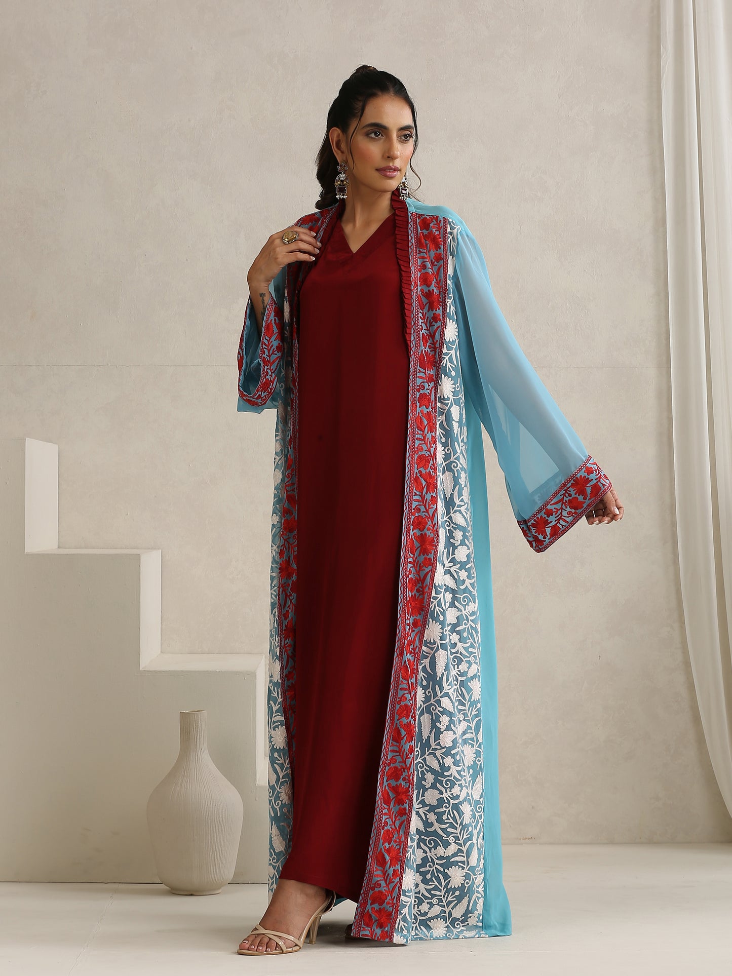 Nargis Kashmiri Embroidered Bisht with Crepe Inner Dress