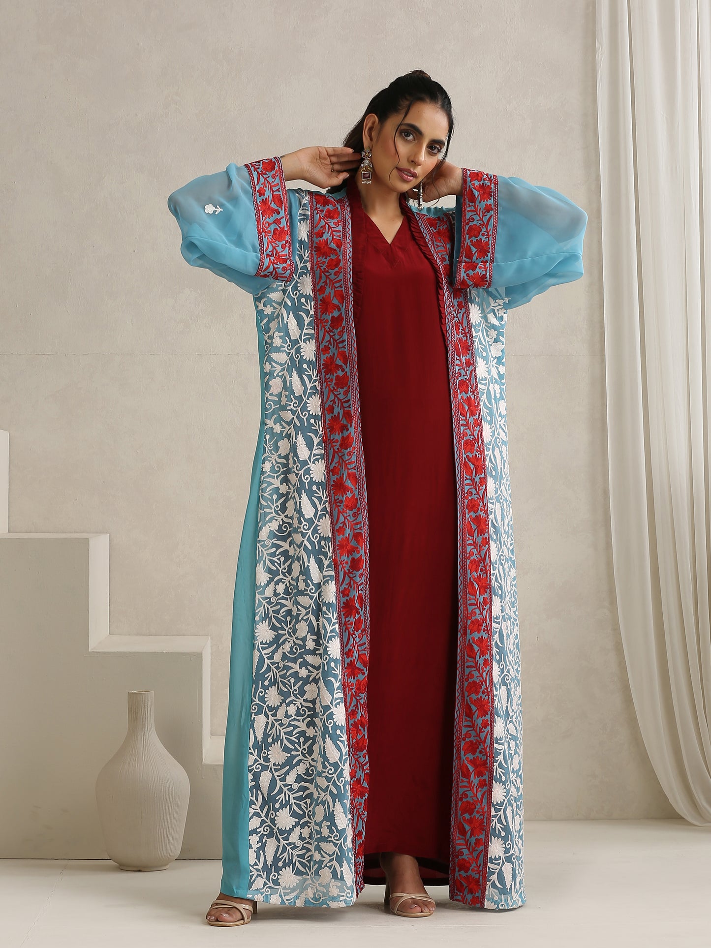 Nargis Kashmiri Embroidered Bisht with Crepe Inner Dress