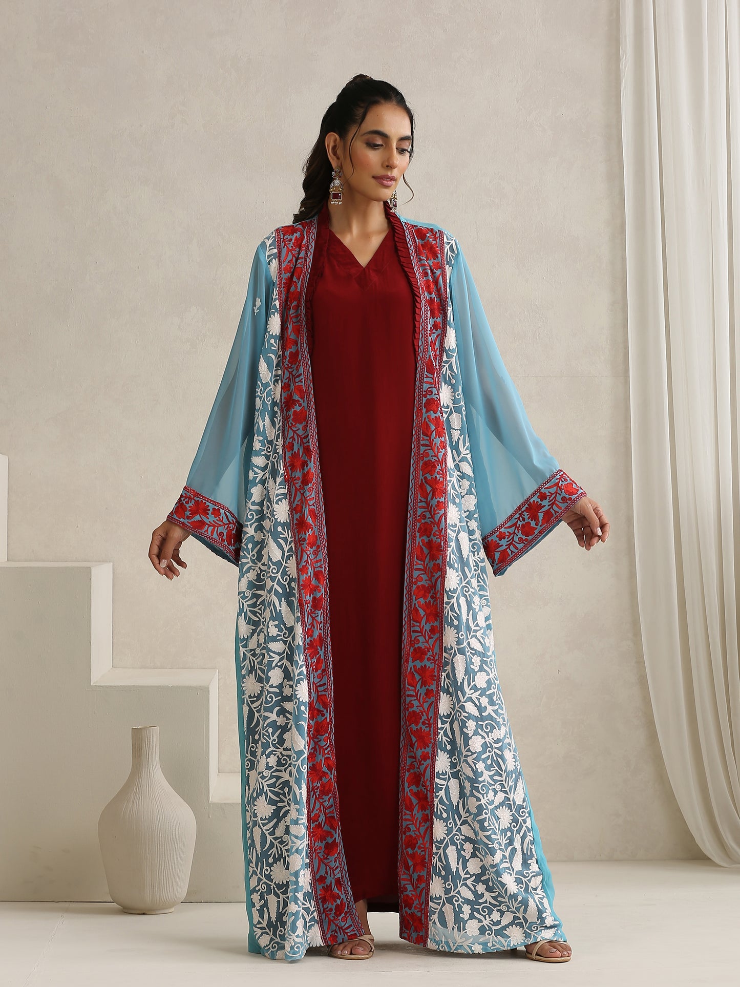 Nargis Kashmiri Embroidered Bisht with Crepe Inner Dress