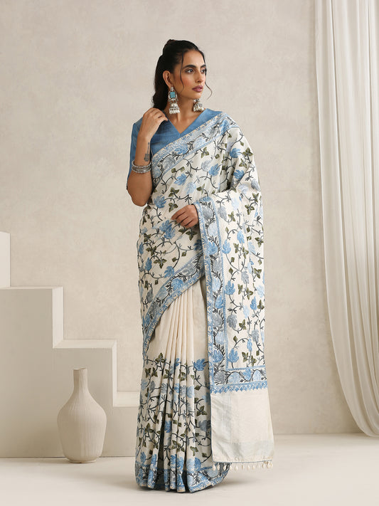 Nargis Blue & Off-White Saree
