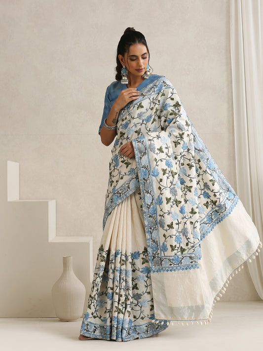Nargis Blue & Off-White Saree