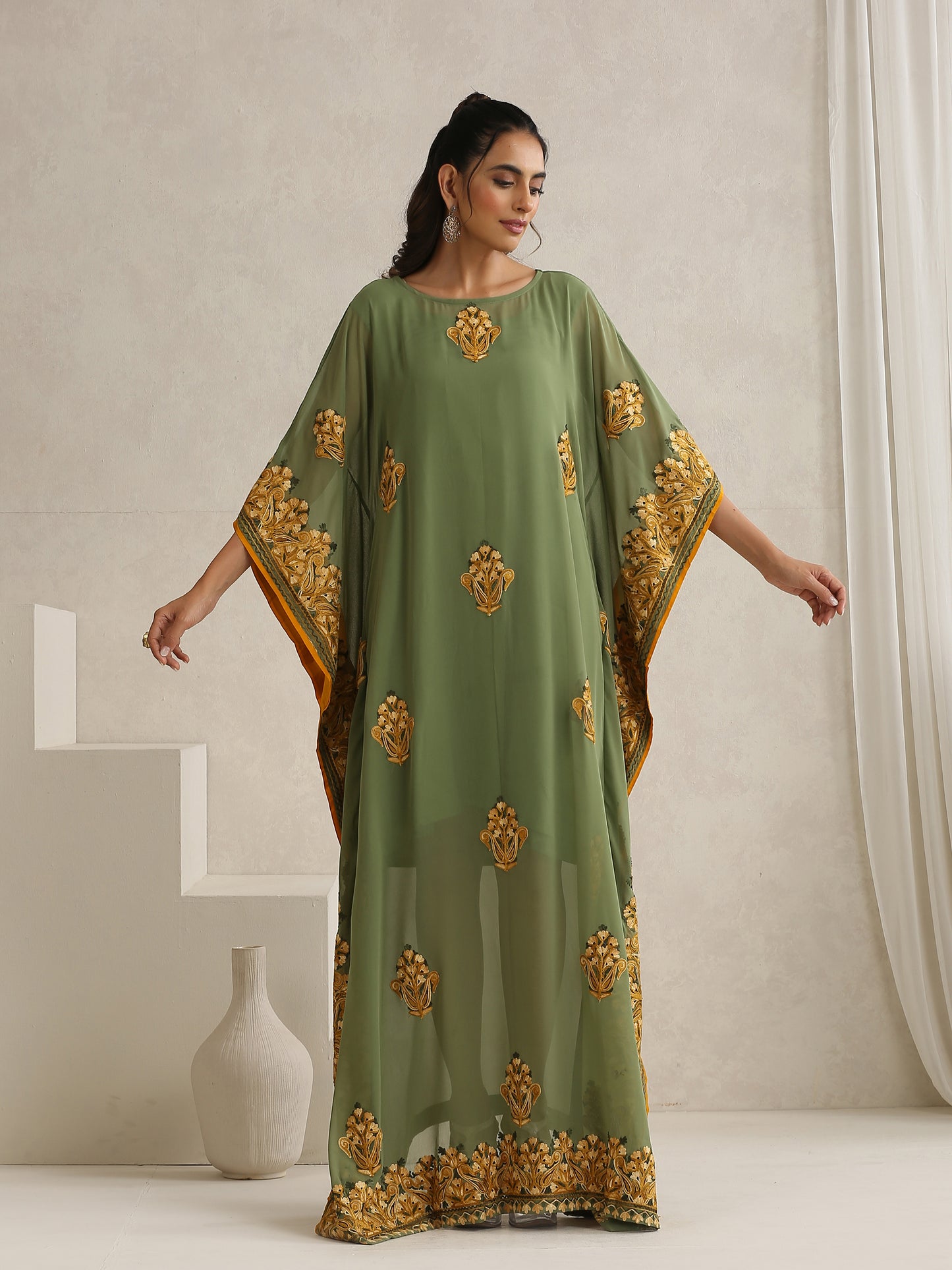 Nargis Mehndi Green Kaftan Set