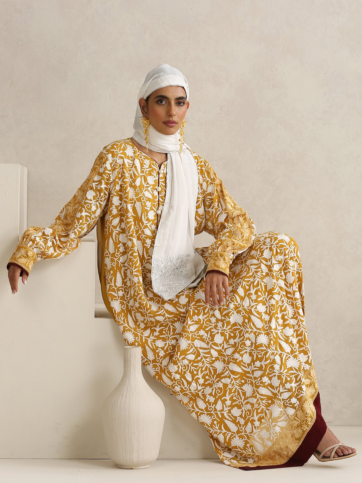 Nargis Mustard & White Abaya with Sheila