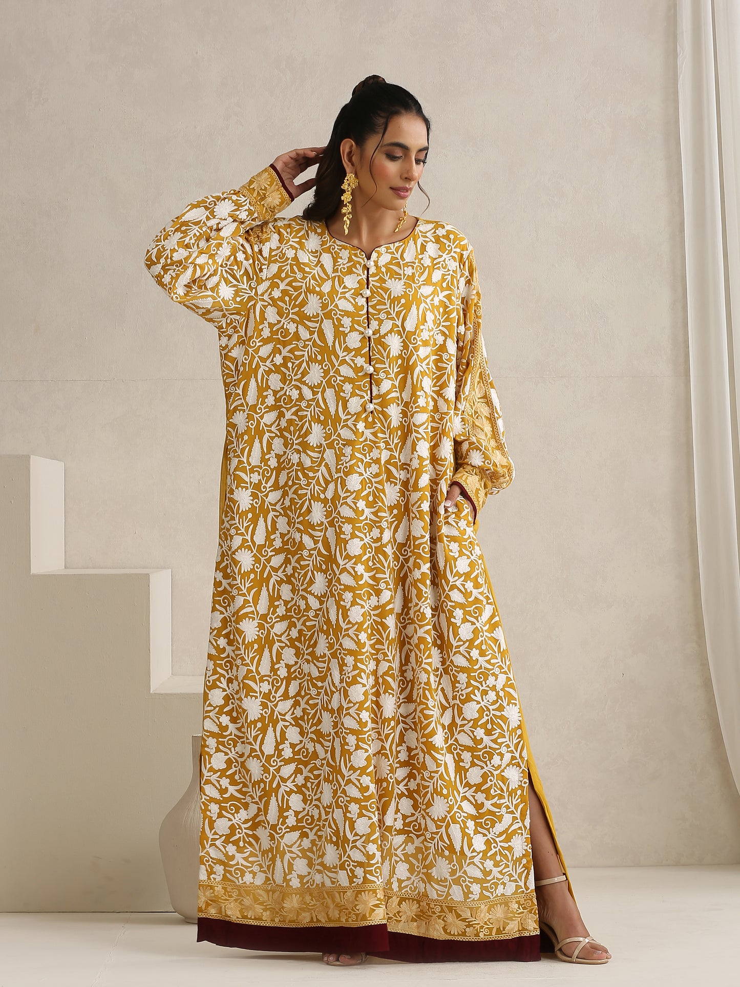 Nargis Mustard & White Abaya with Sheila