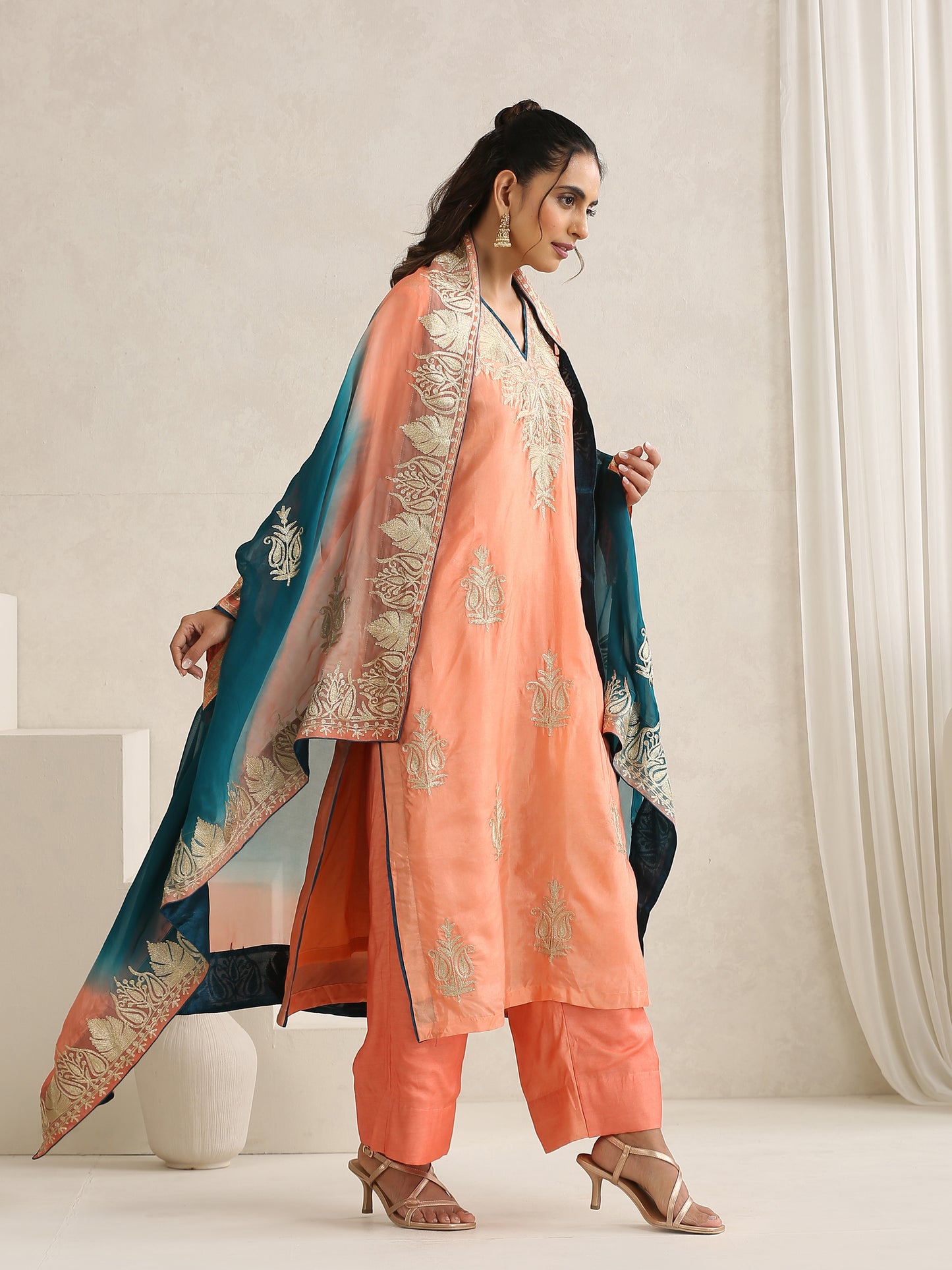 Nargis Peach & Teal Blue Suit Set