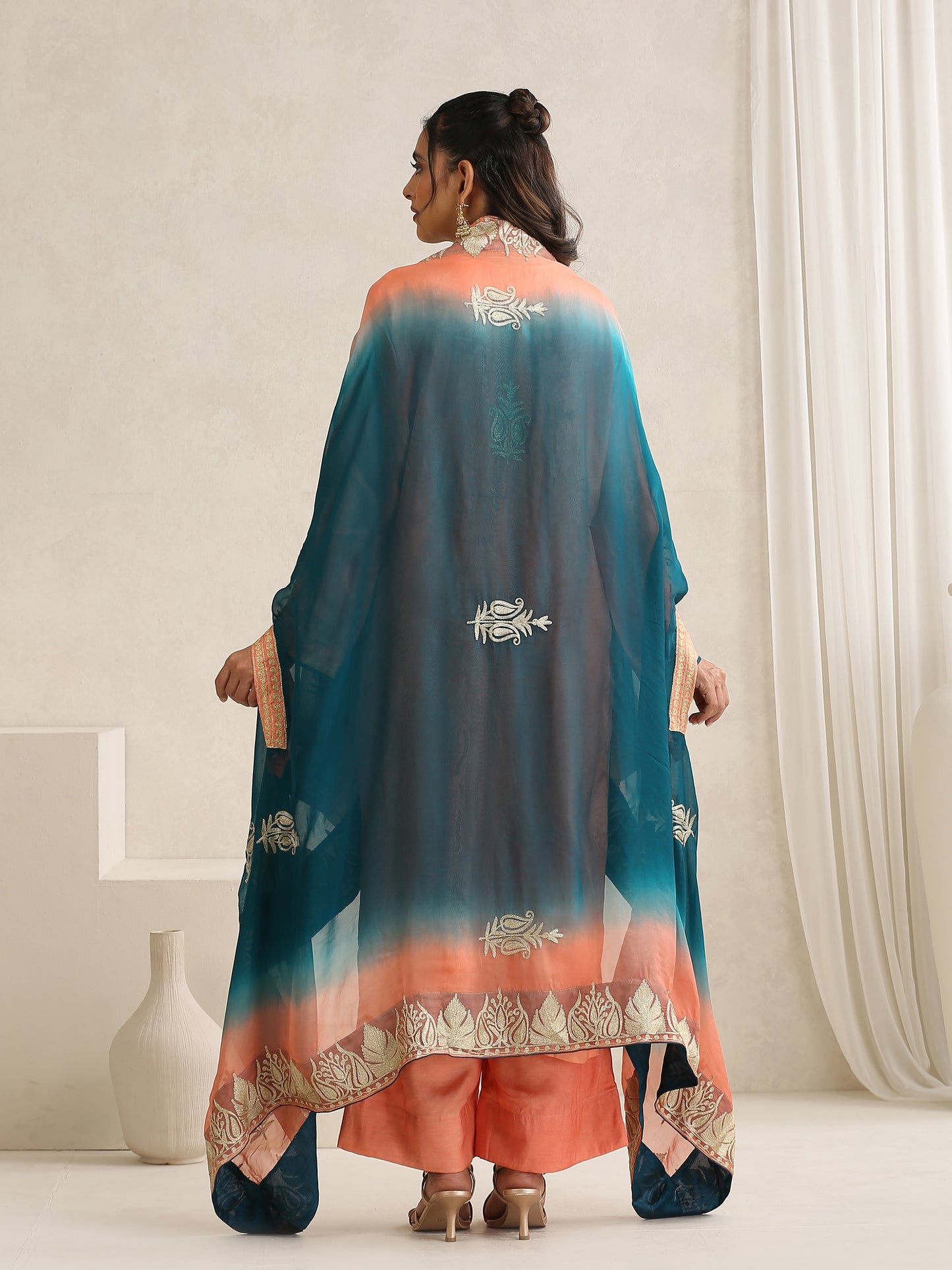 Nargis Peach & Teal Blue Suit Set