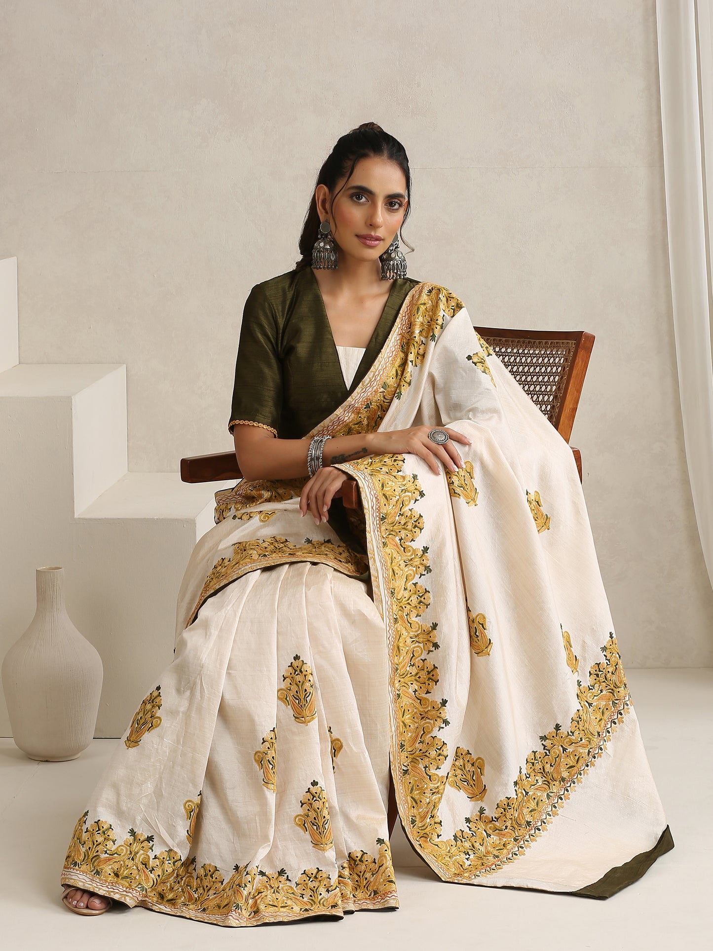 Nargis Green & Off-White Saree