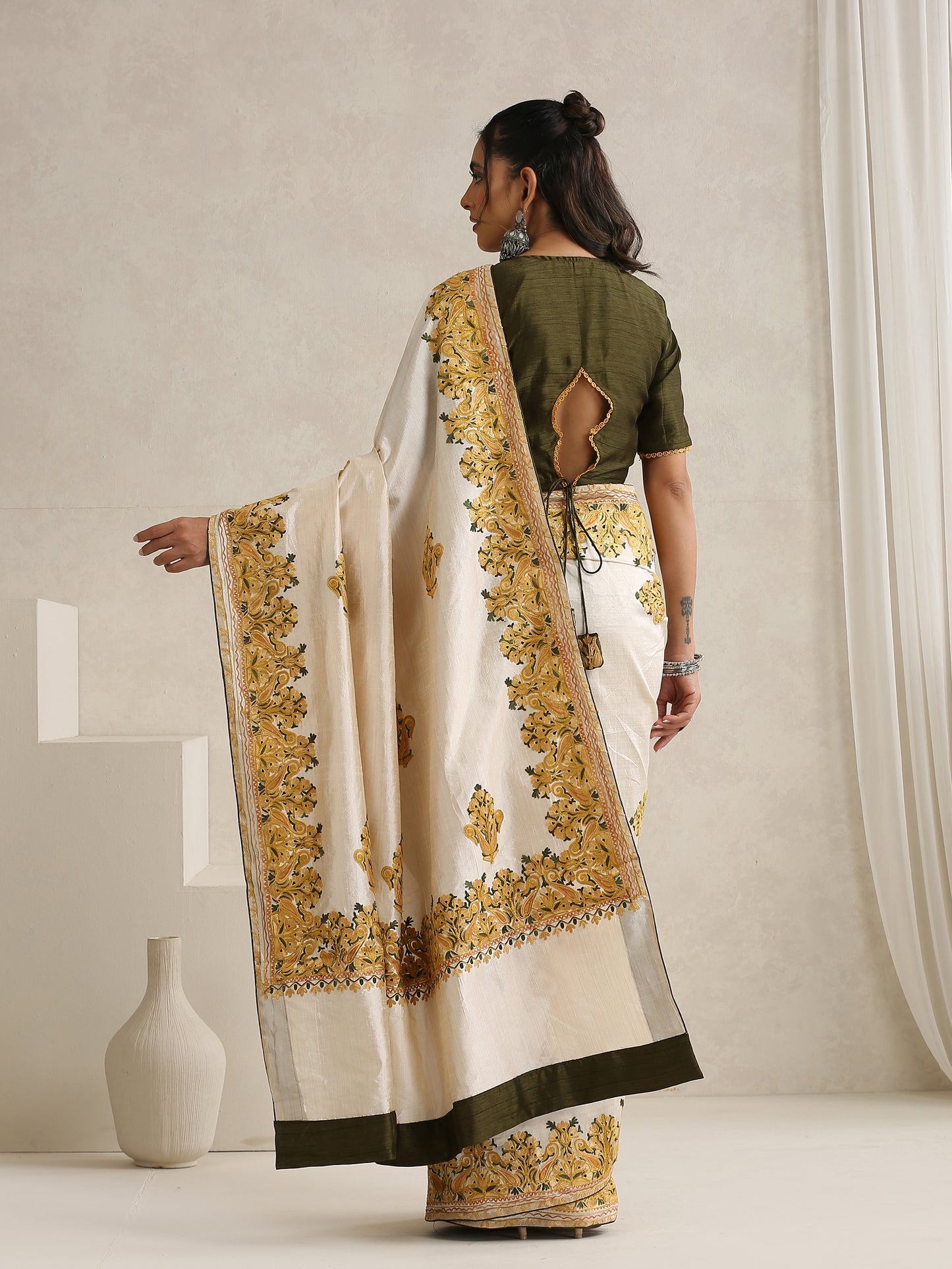 Nargis Green & Off-White Saree