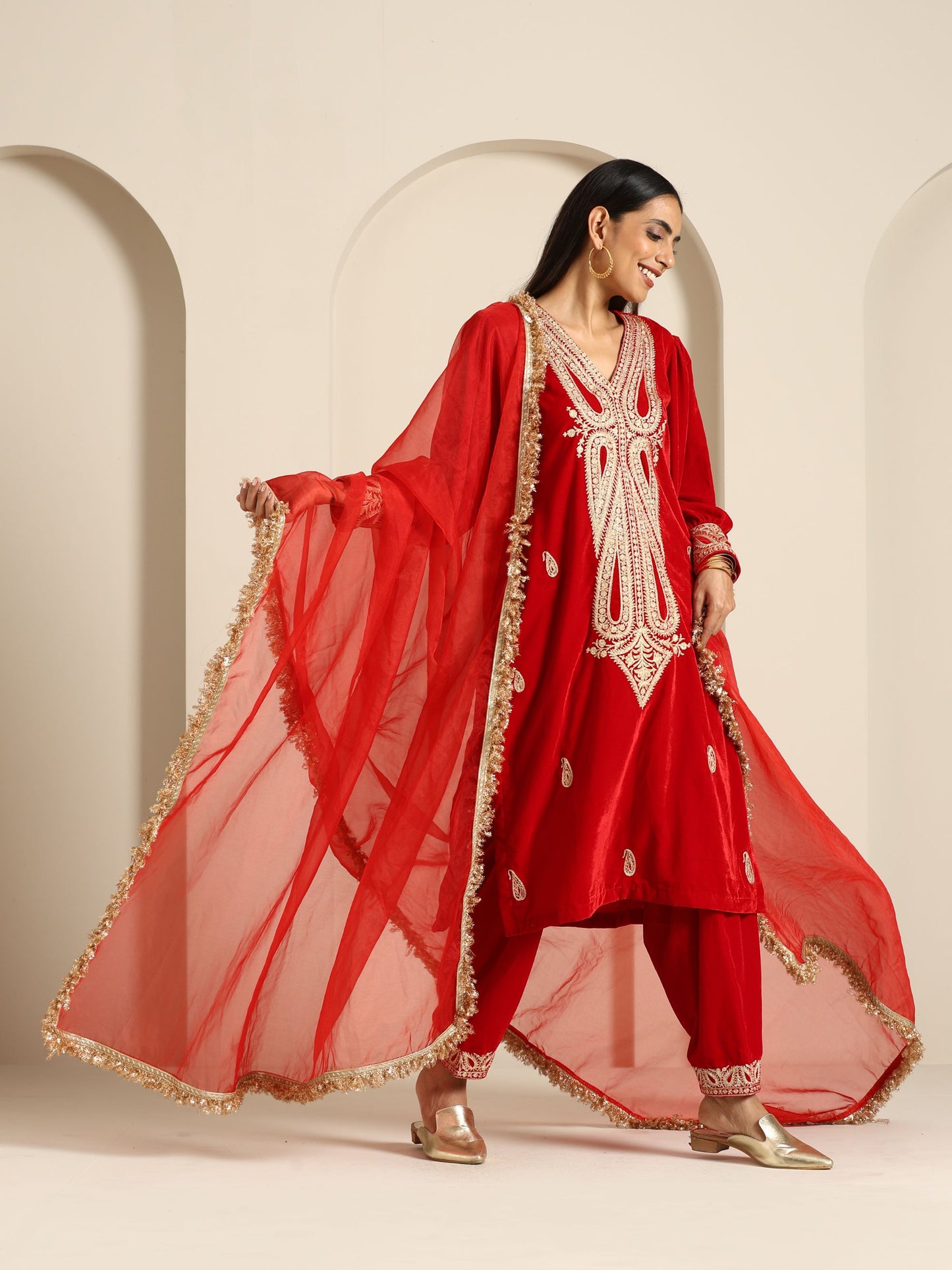 Sheen Red Velvet Salwar Suit Set