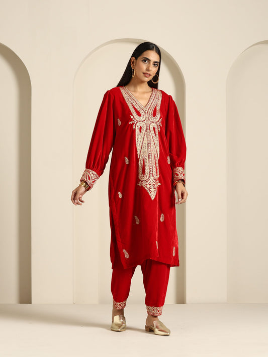 Sheen Red Velvet Salwar Suit Set