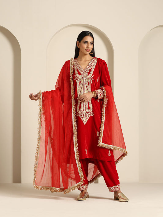 Sheen Red Velvet Salwar Suit Set