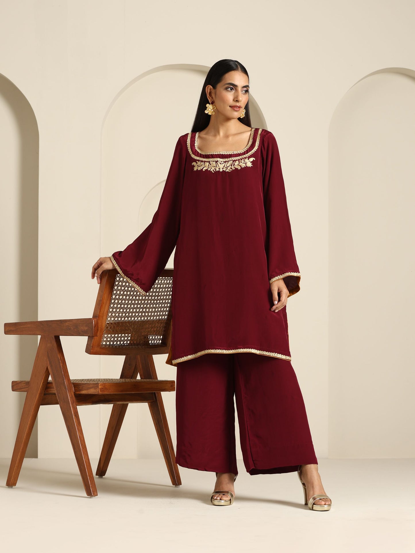 Gul Maroon Crepe Co-ord Set