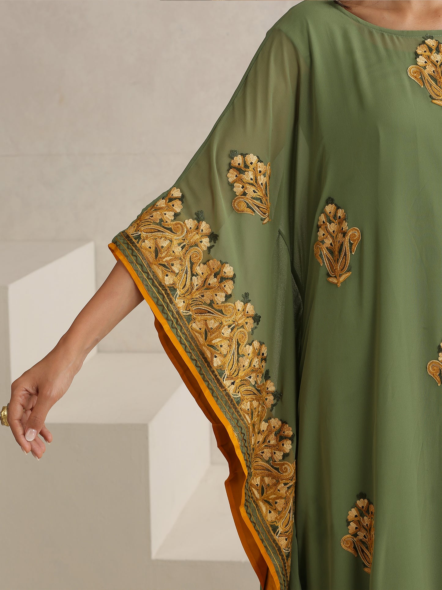Nargis Mehndi Green Kaftan Set
