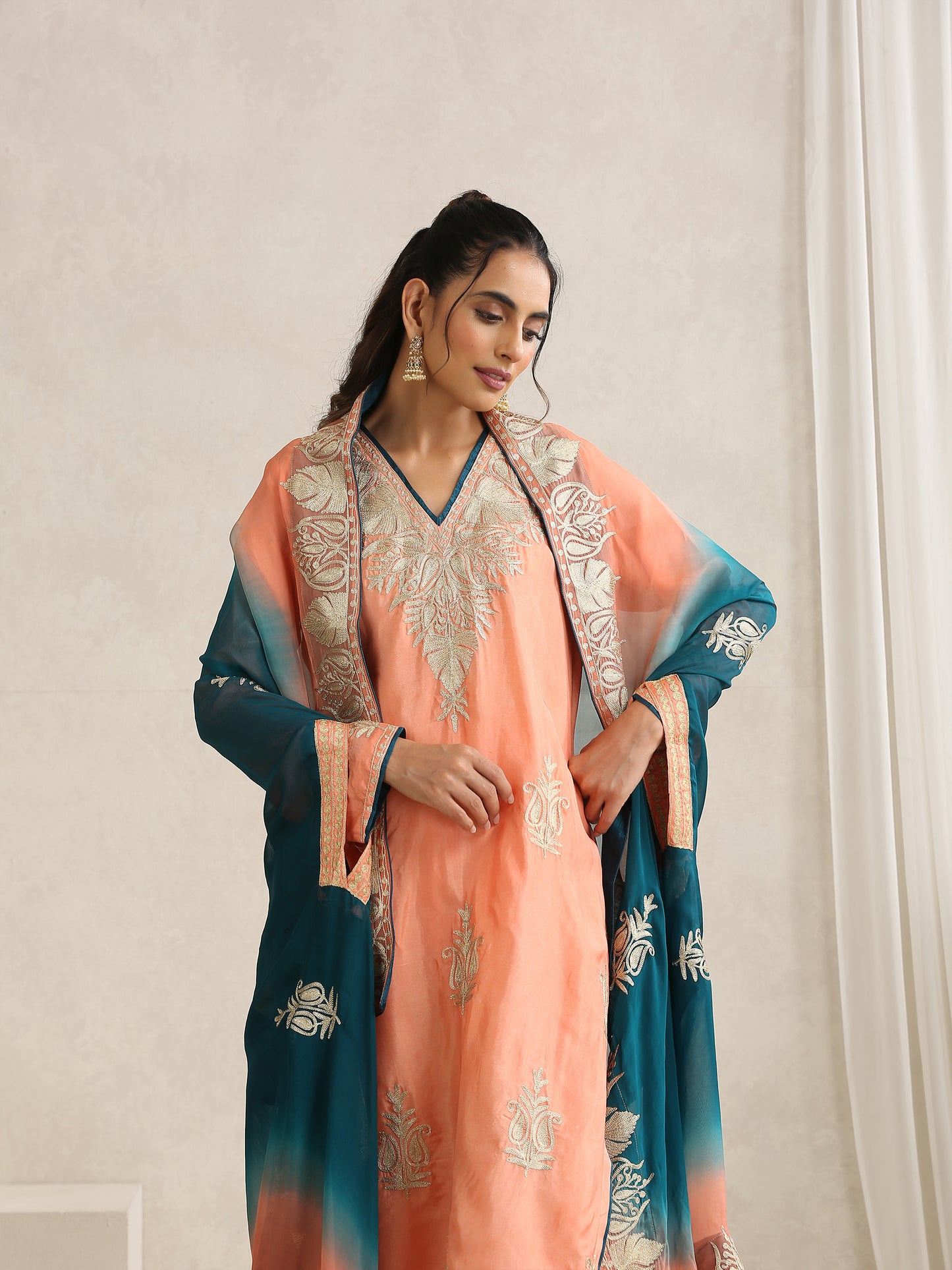 Nargis Peach & Teal Blue Suit Set