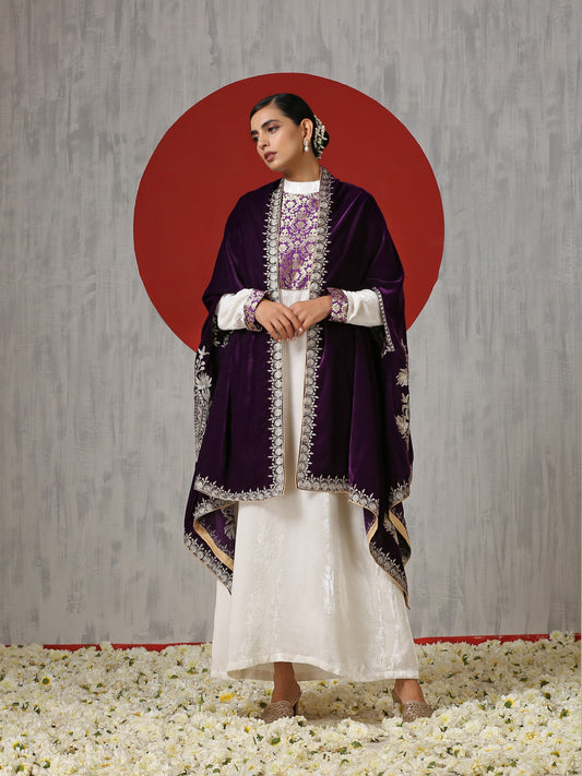 Makhmal White Dress with Purple Cape