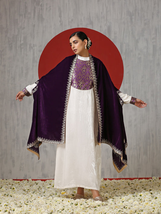 Makhmal White Dress with Purple Cape