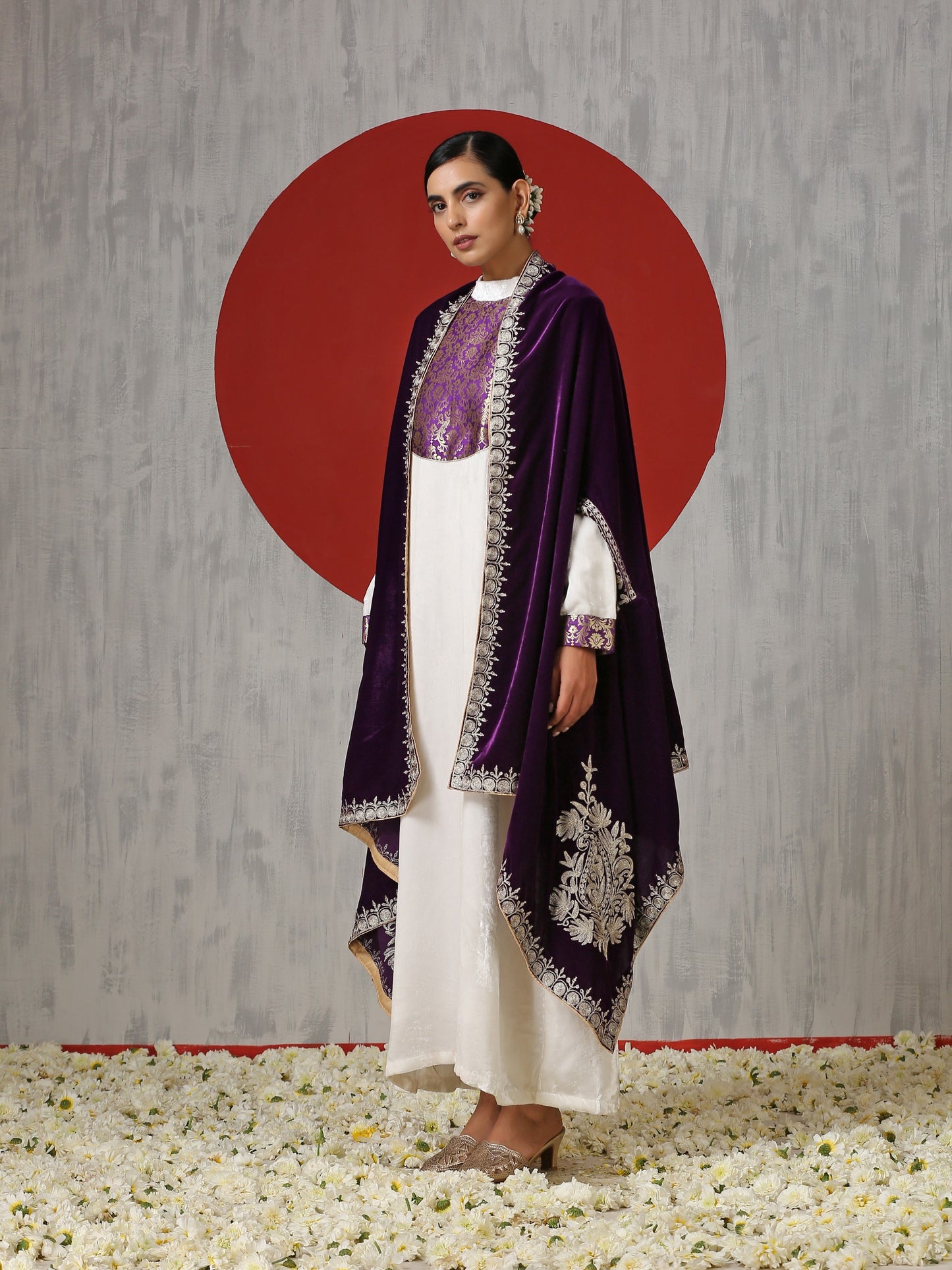 Makhmal White Dress with Purple Cape
