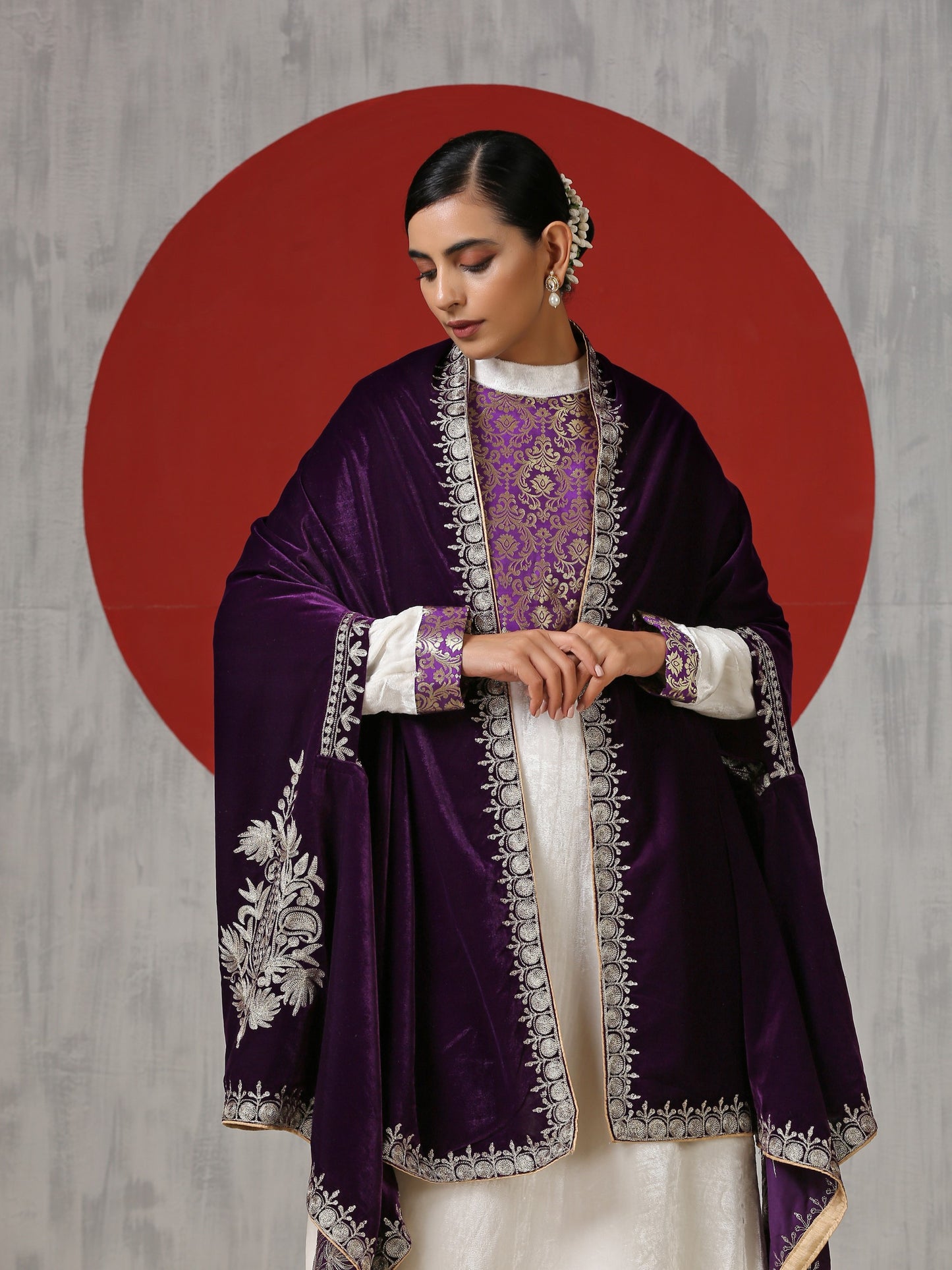 Makhmal White Dress with Purple Cape